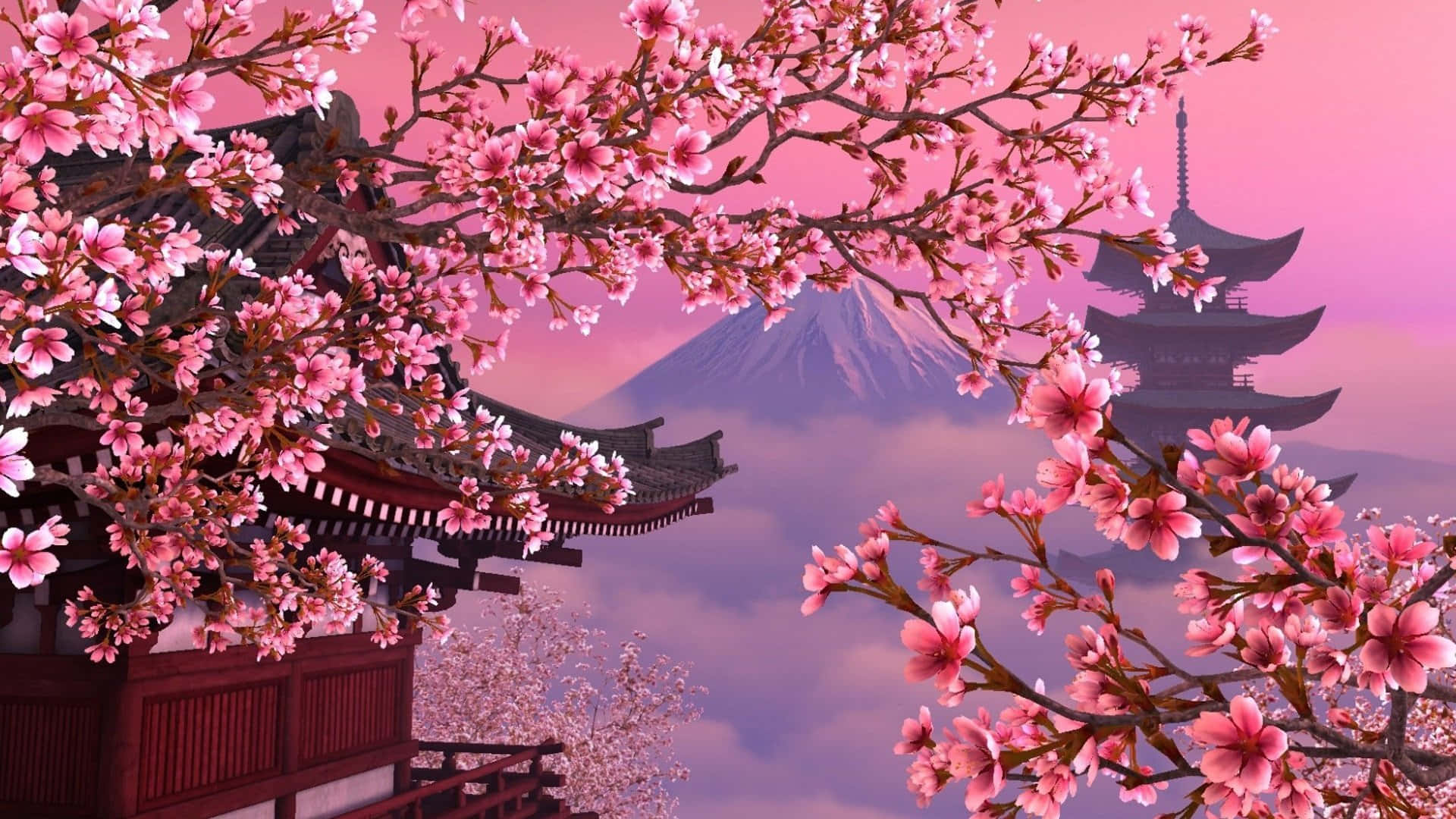 粉紅色的櫻花環繞著寺廟，背景是富士山，正值日落時分。