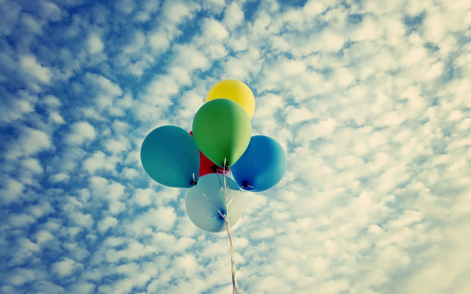 Balloon 桌布 壁紙 — 一簇色彩繽紛的氣球在佈滿 fluffy 白色雲朵的明亮藍天中向上飄浮。