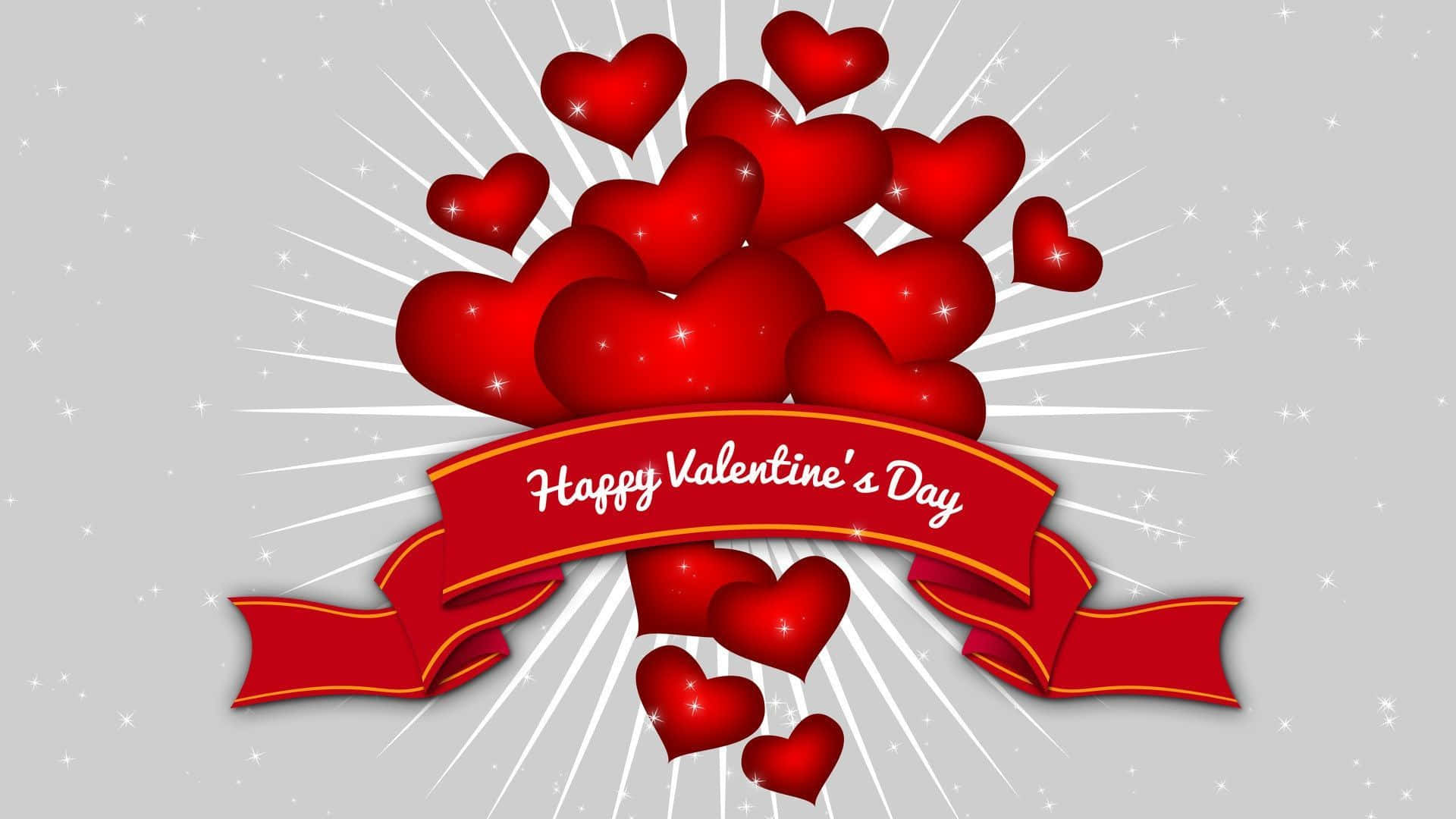 Happy Valentines Day 桌布 壁紙 — 一簇閃亮的紅色心形從寫有Happy Valentine's Day的紅色絲帶橫幅中迸發出來，背景是閃爍的灰色。