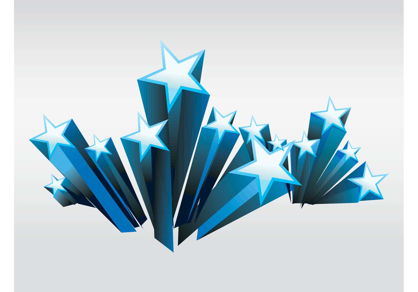 3d Star 桌布 壁紙 — 一簇閃亮的藍色3D星星，在淺灰色背景上向外輻射。
