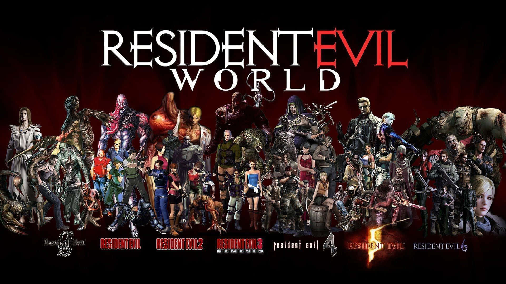 Resident Evil Characters 桌布 壁紙 — 一系列 Resident Evil 角色和怪物以戲劇性的方式排列在深紅色背景前，下方有遊戲標題。
