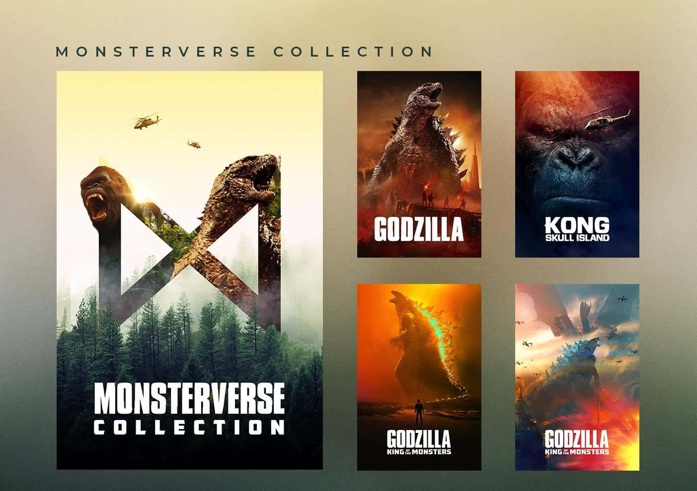 Monsterverse 桌布 壁紙 — 一系列五張MonsterVerse電影海報，以哥斯拉和金剛為主角，背景是火熱的天空和森林，呈現戲劇性的電影場景。