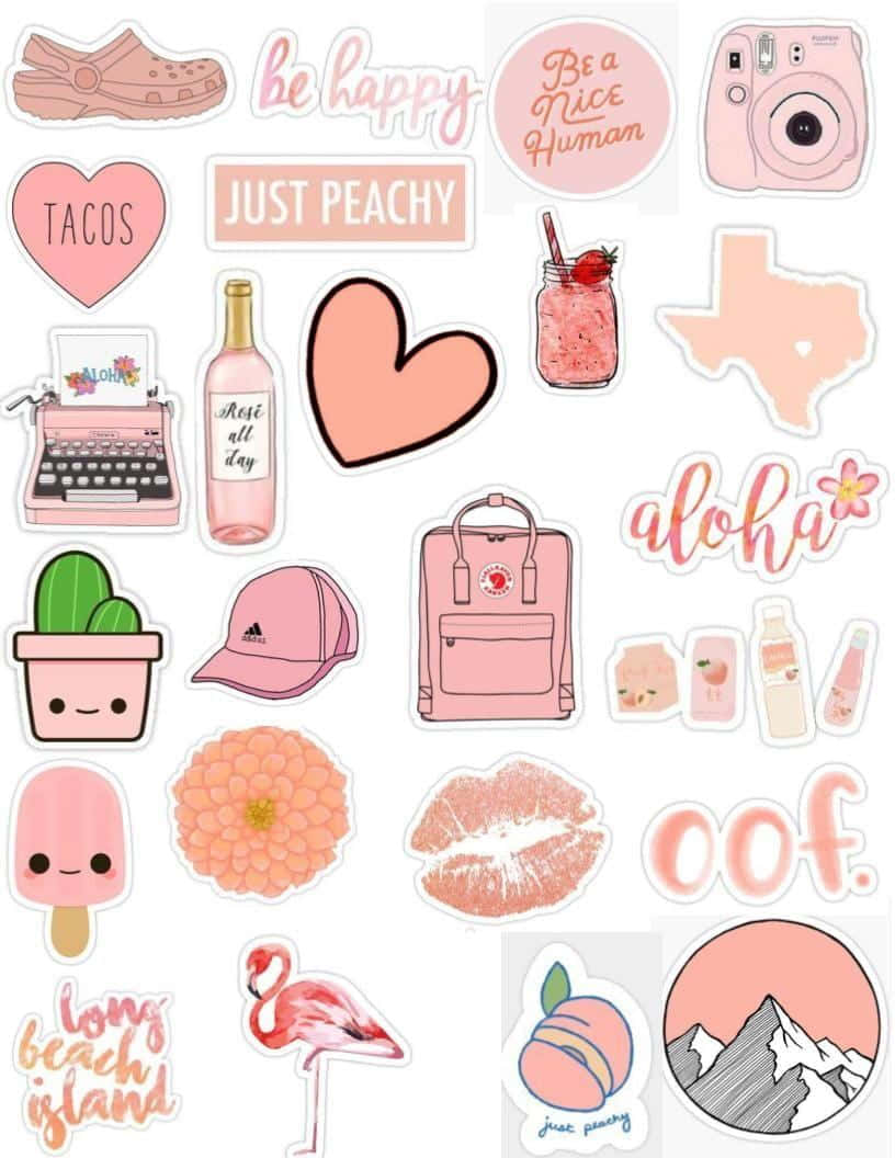 Cute Stickers 桌布 壁紙 — 一系列以粉紅色為主題的可愛貼紙，包括火烈鳥、墨西哥卷餅、心形和勵志語句，排列在白色背景上。