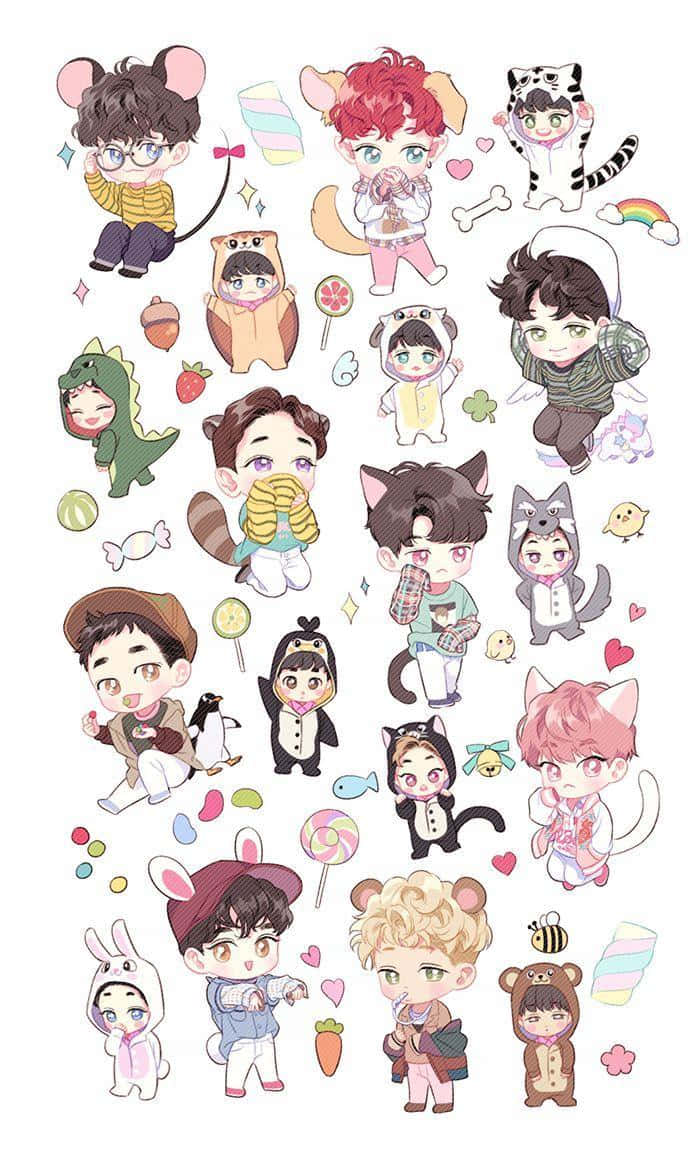 Bts Fanart 桌布 壁紙 — 一系列充滿活力的Q版風格動漫角色，穿著可愛動物服裝，搭配糖果心和粉彩點綴。
