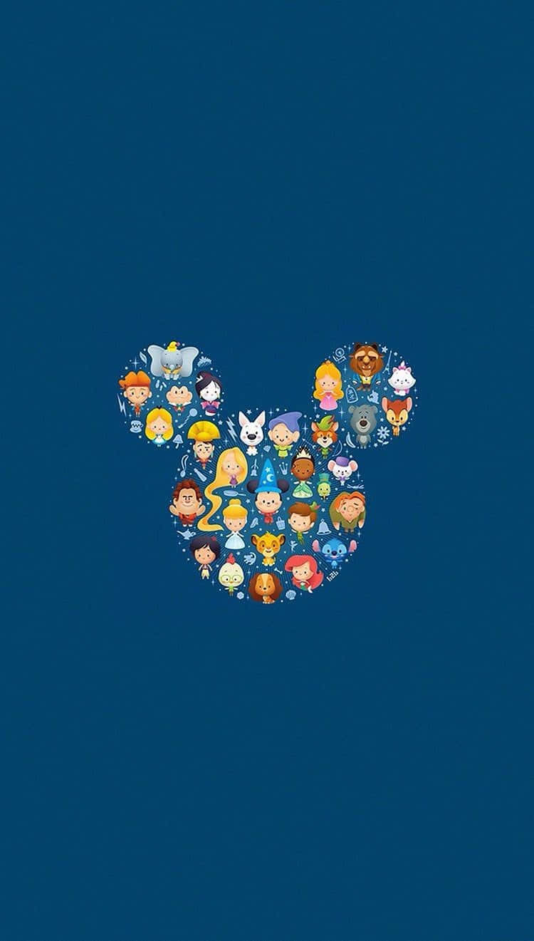 Cool Disney 桌布 壁紙 — 一系列充滿活力的迪士尼角色在深藍色背景上形成經典的米奇老鼠輪廓。