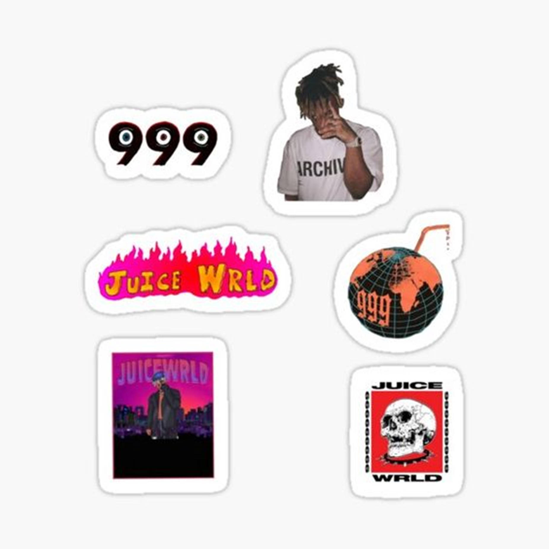 Logo 桌布 壁紙 — 一系列六張色彩繽紛的 Juice WRLD 主題貼紙，上面有他的肖像、火焰、地球儀和 999 標誌，背景為純白色。
