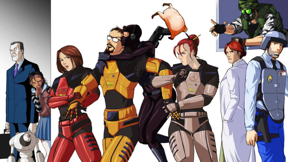 Half-life Characters 桌布 壁紙 — 一系列動態多樣的動畫角色，身穿戰術裝備和便服，在純色背景前擺姿勢。
