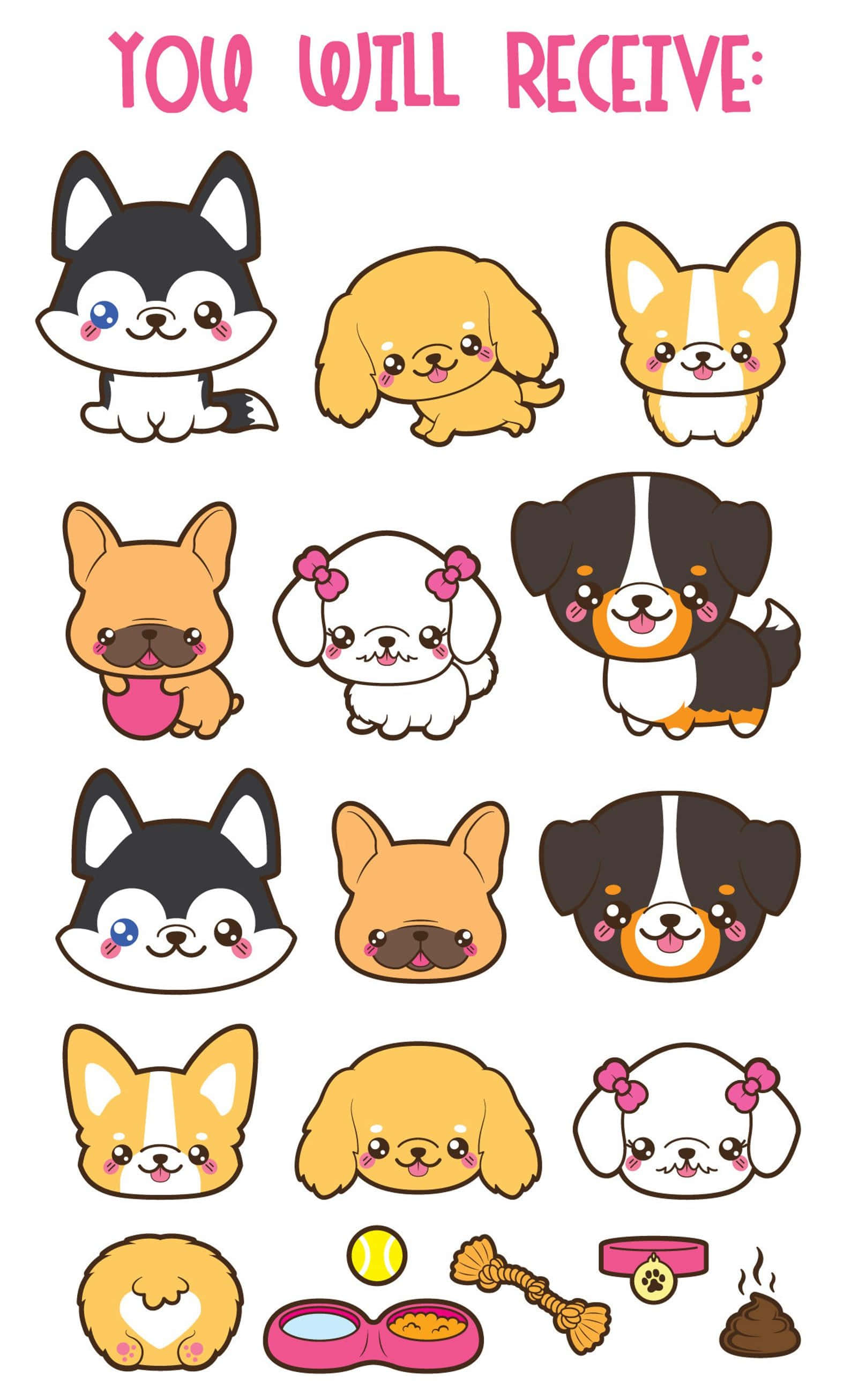 Kawaii Dog 桌布 壁紙 — 一系列可愛的卡通狗，有大眼睛和粉紅色的臉頰，各種姿勢和品種。