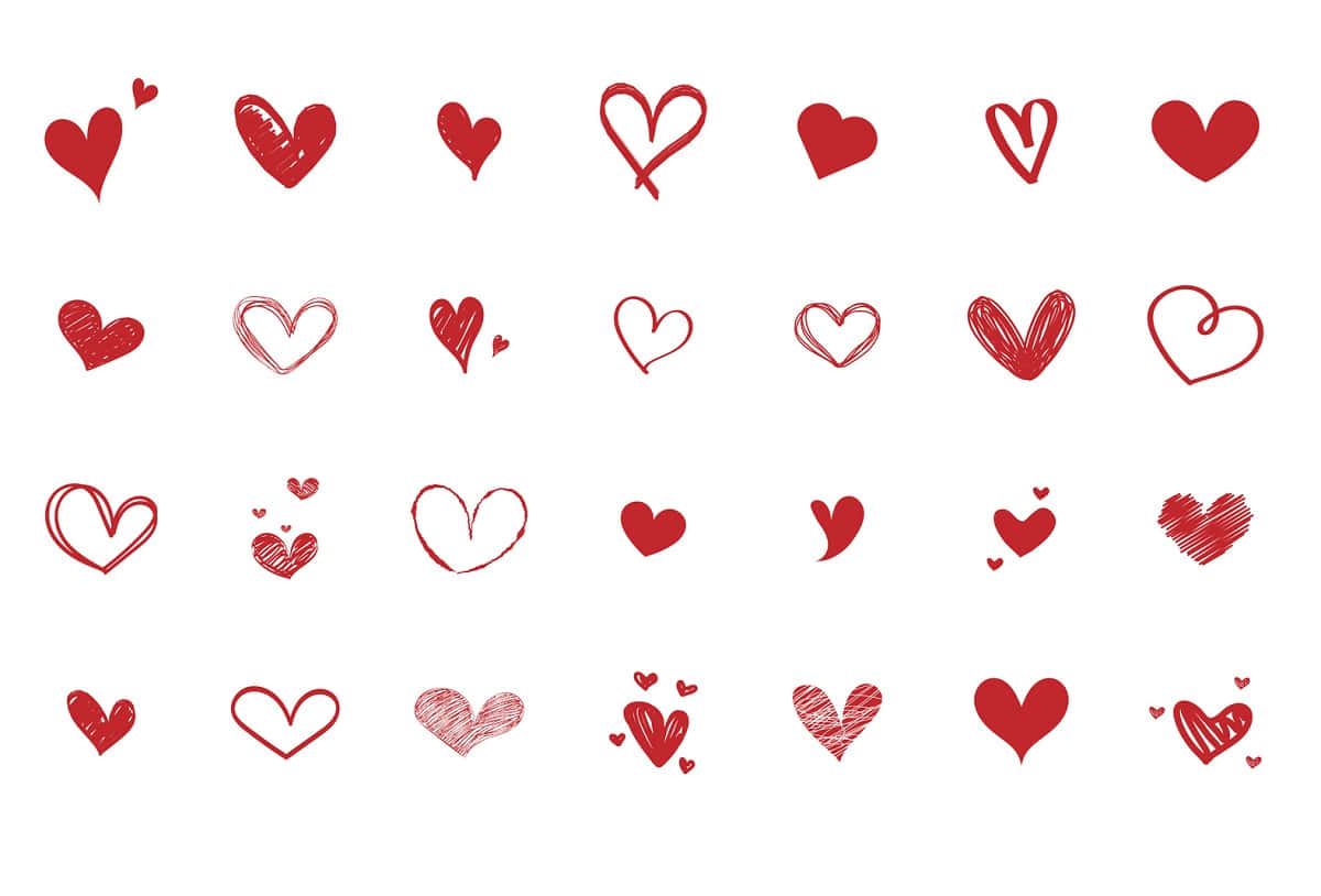 Cute Hearts 桌布 壁紙 — 一系列手繪紅色心形，以不同風格散落在潔白背景上。