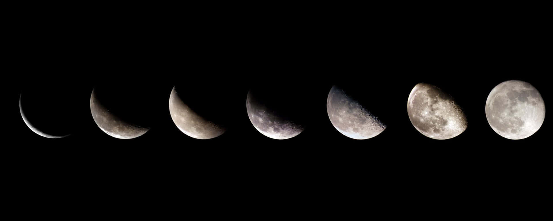 Moon Phases 桌布 壁紙 — 一系列月相，從新月到滿月，以黑色天空為背景。