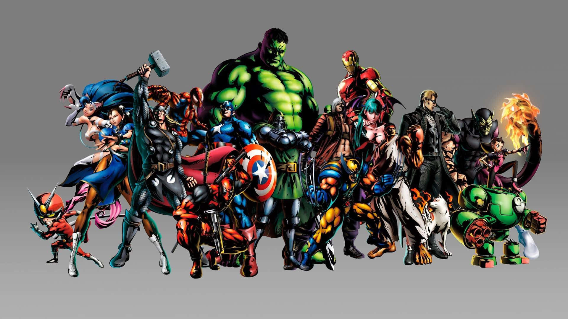 Animated Superhero Movies 桌布 壁紙 — 一系列標誌性漫畫超級英雄和反派在純灰色背景上以英雄姿態擺出動態陣容。