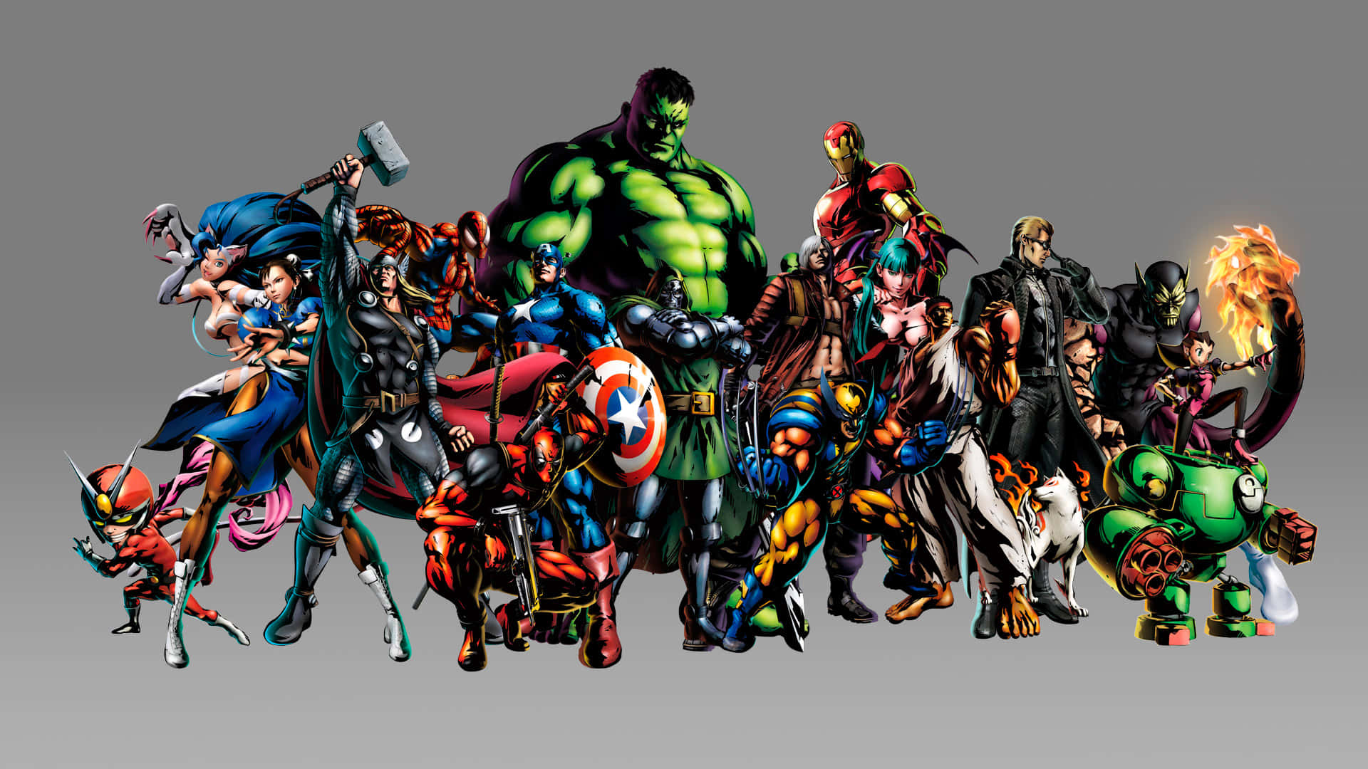 Marvel Vs Capcom Characters 桌布 壁紙 — 一系列標誌性漫畫超級英雄和反派在純灰色背景上英勇擺出動態姿勢。