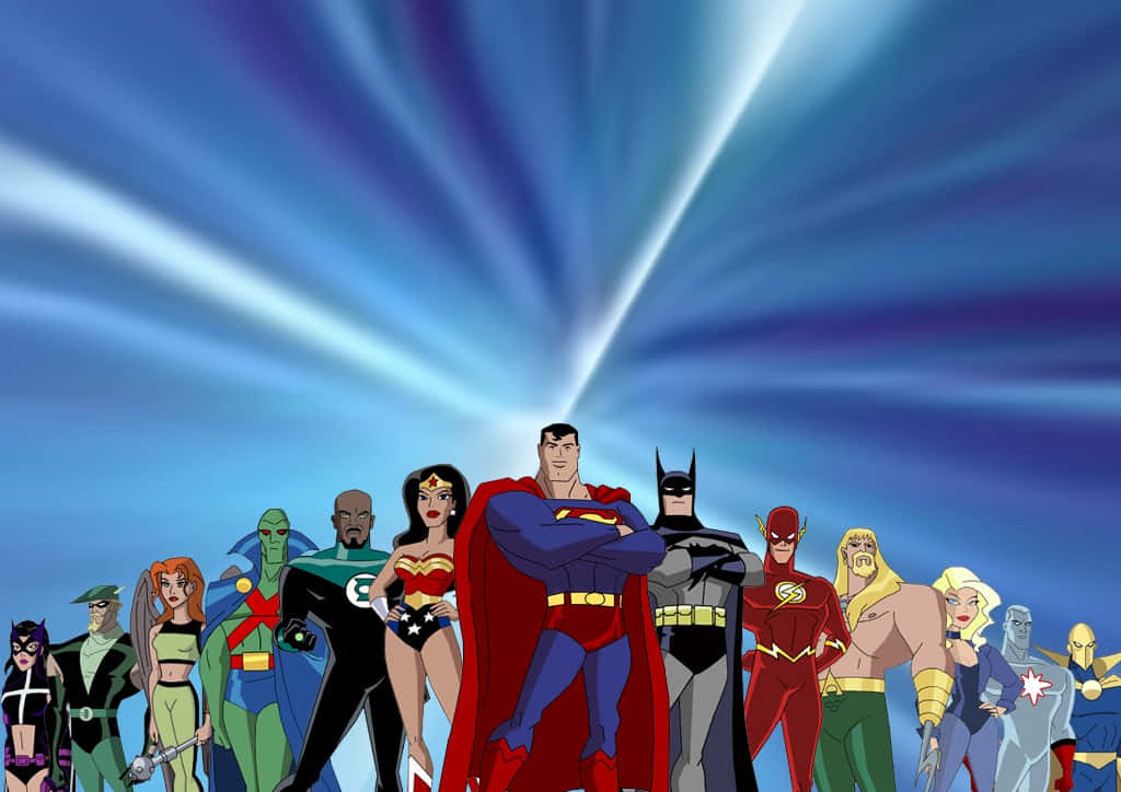 Justice League Unlimited 桌布 壁紙 — 一系列標誌性超級英雄自信地站在燦爛的藍色宇宙背景前。