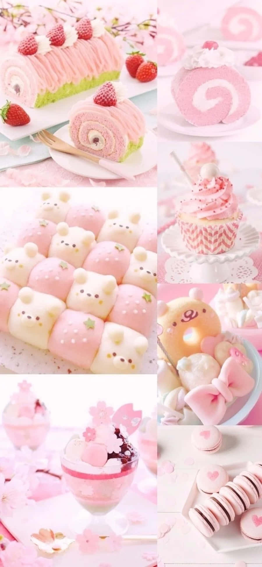 Kawaii Dessert 桌布 壁紙 — 一系列粉紅色甜品拼貼，包括蛋糕卷、杯子蛋糕和馬卡龍，裝飾有櫻花和可愛動物臉。