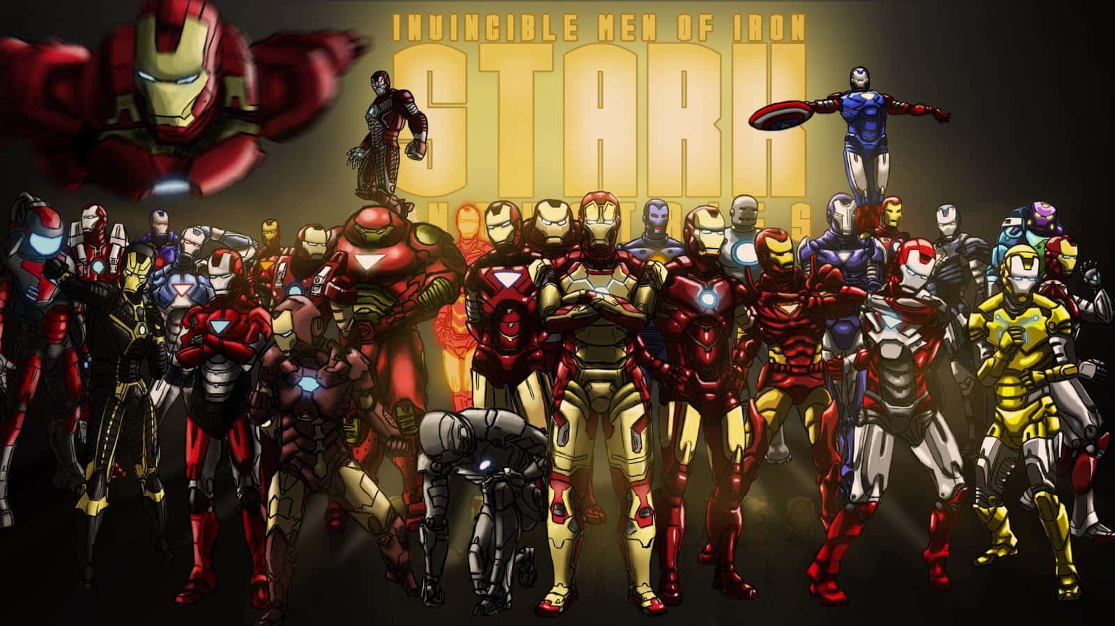 Iron Man Suit 桌布 壁紙 — 一系列紅、金、銀色裝甲的鐵甲奇俠戰衣，在發光的標題背景前英勇地擺出姿勢。