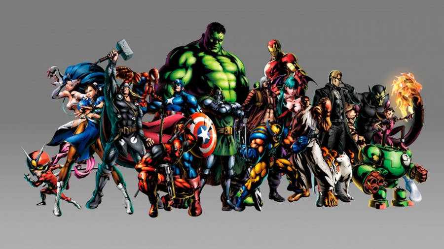 Marvel Vs. Capcom Grey Widescreen 壁紙 — 一系列經典漫畫超級英雄與反派，在純灰色背景前以英雄姿態動態排列。