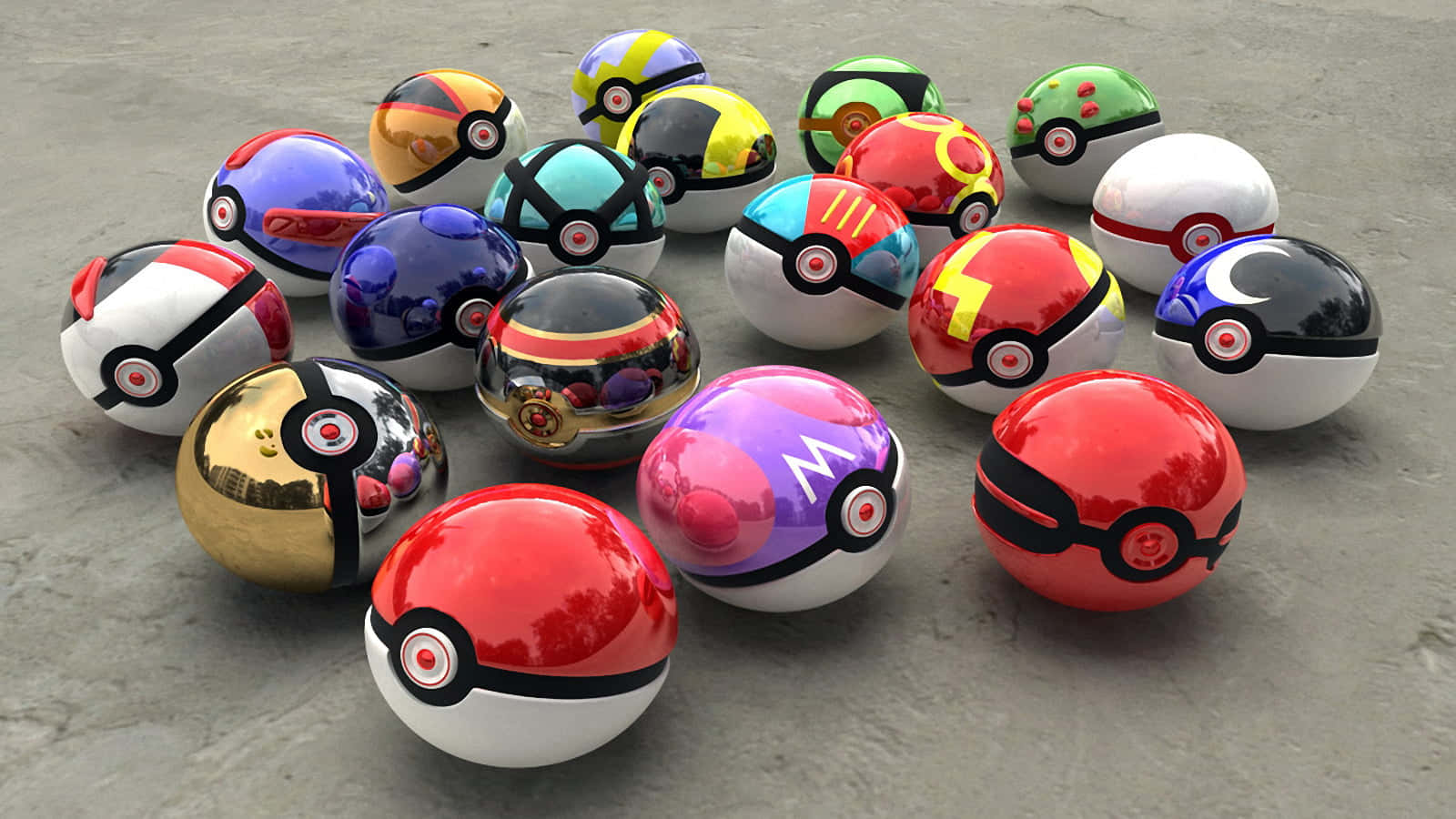Pokemon Toys 桌布 壁紙 — 一系列色彩繽紛、光澤亮麗的寵物小精靈球散落在灰色混凝土表面上。
