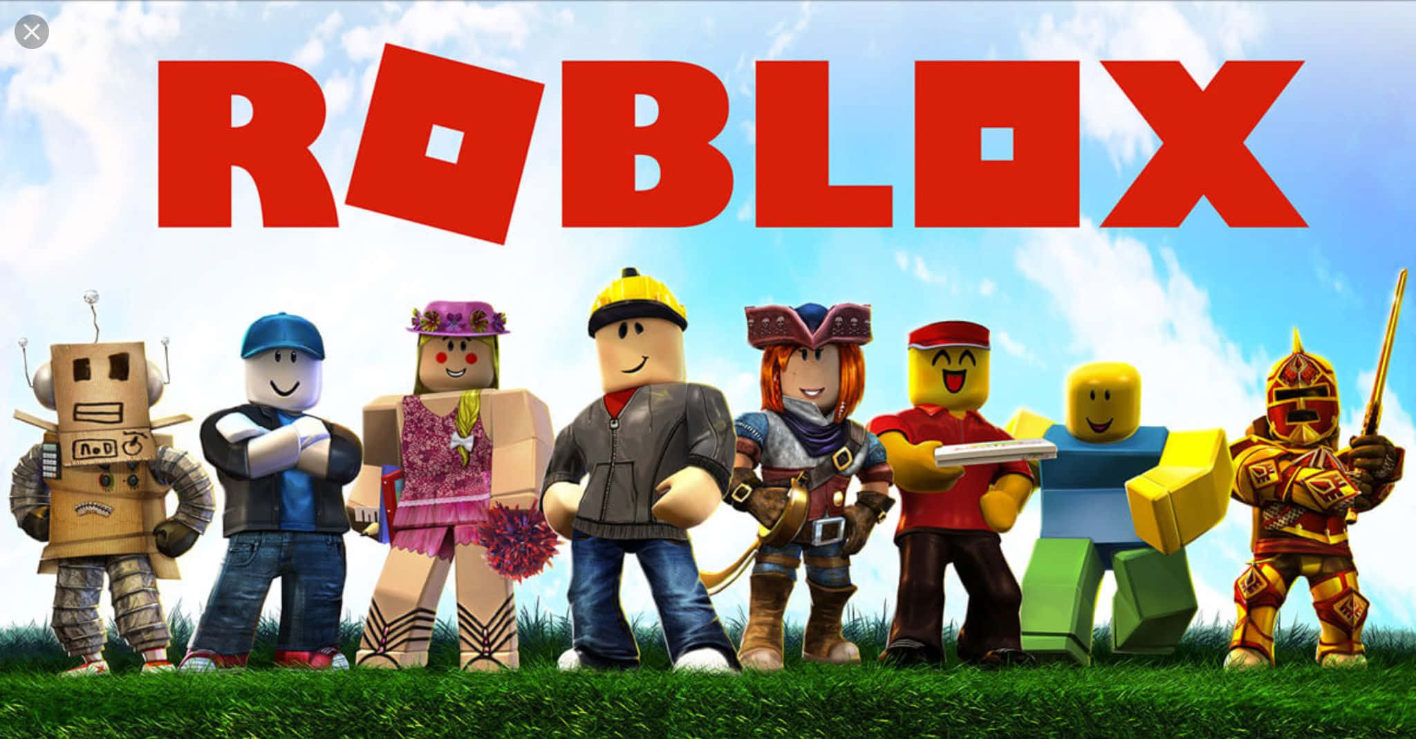 Cute Roblox 桌布 壁紙 — 一系列色彩繽紛、多樣化的 Roblox 頭像站在草地上，上方是明亮的藍天和醒目的紅色 Roblox 標誌。