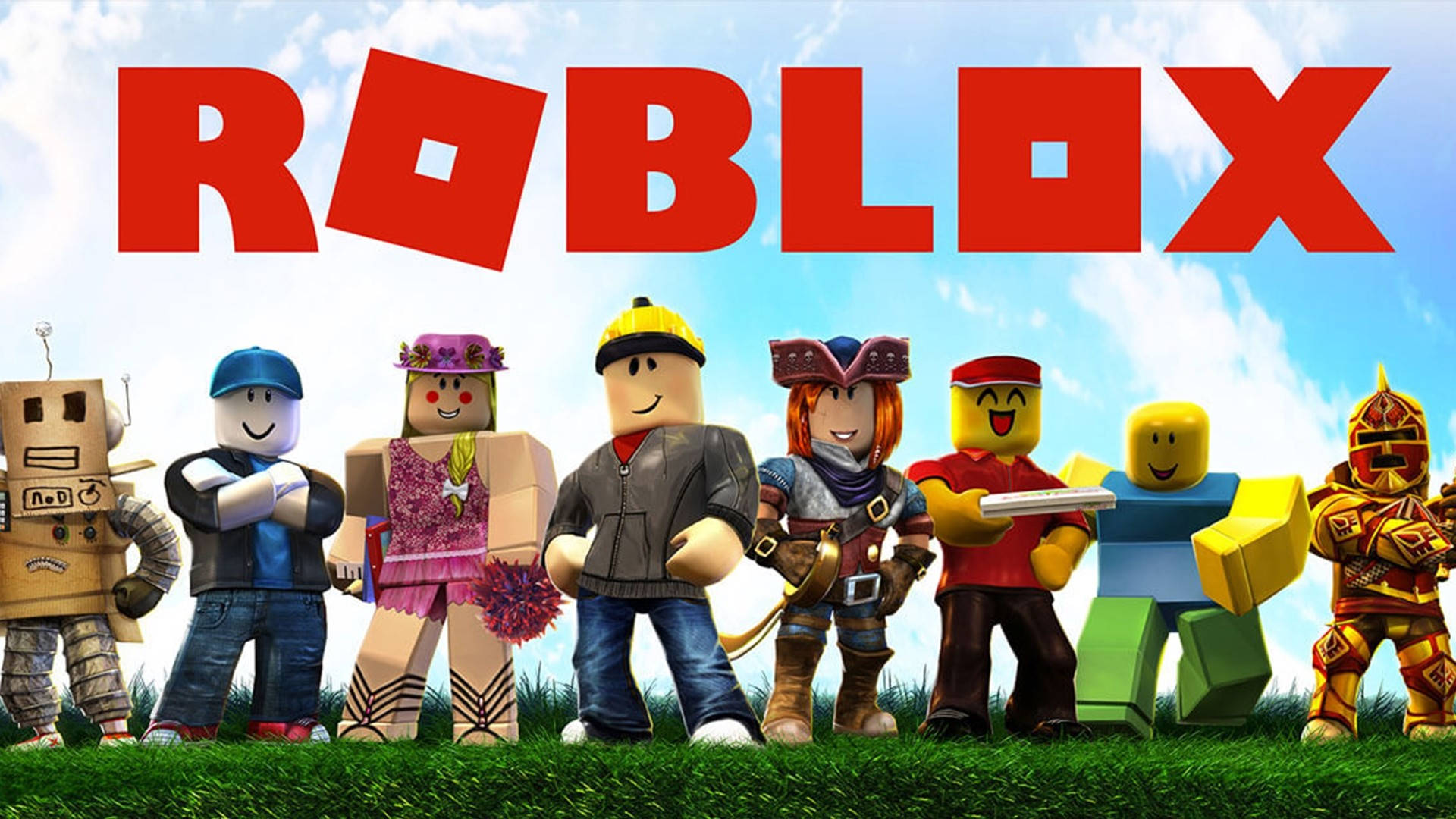 型格Roblox 桌布 壁紙 — 一系列色彩繽紛嘅Roblox頭像企喺草地上，頭頂係明亮嘅藍天同搶眼嘅紅色Roblox標誌。