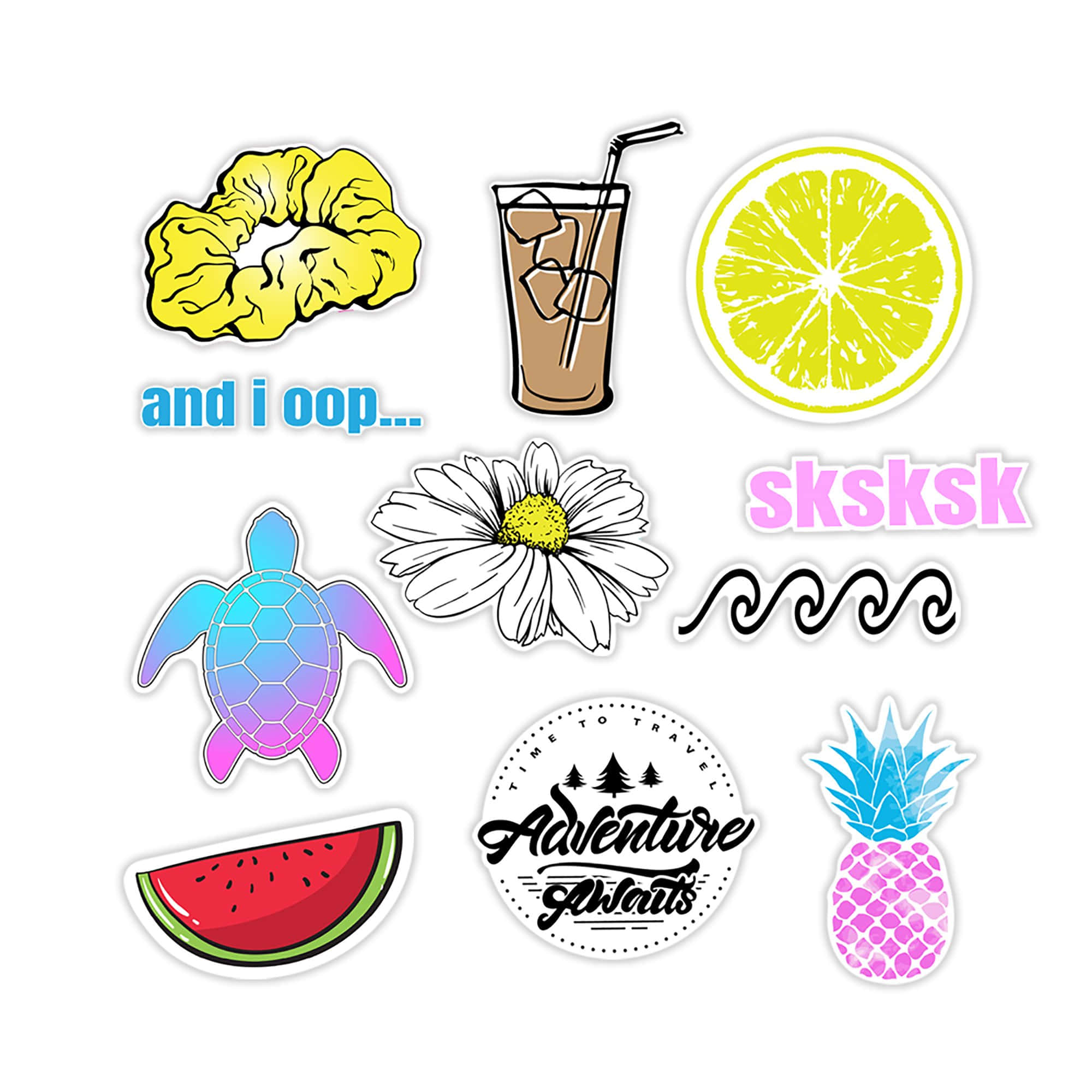 Cute Stickers 桌布 壁紙 — 一系列色彩繽紛的貼紙，包括黃色髮圈、冰飲、檸檬片、烏龜、雛菊、菠蘿、西瓜和冒險文字。