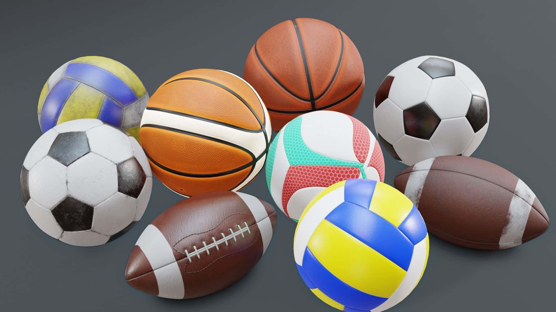 3d Sports 桌布 壁紙 — 一系列色彩繽紛的運動球類，包括足球、籃球和排球，排列在灰色表面上。