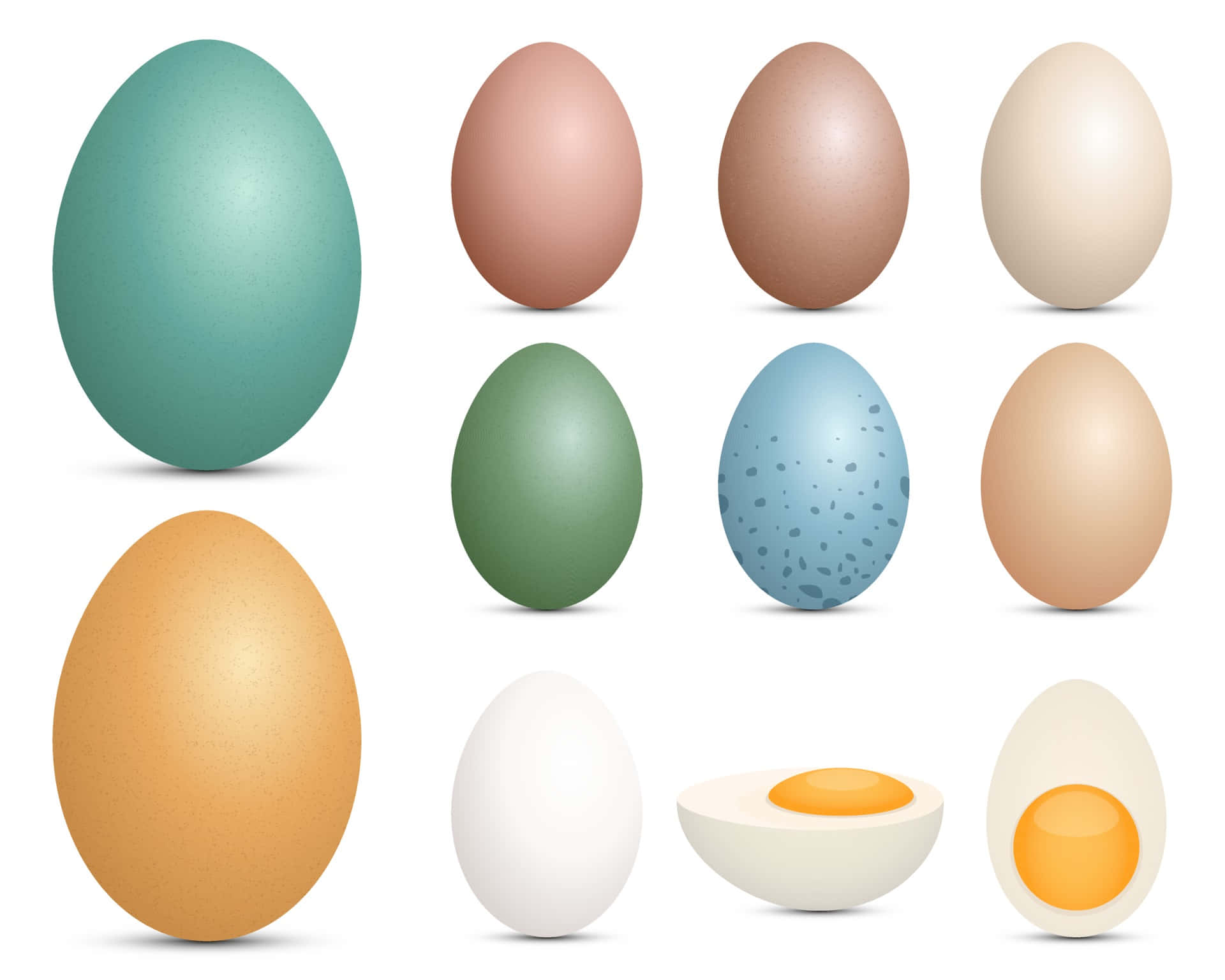 Eggs 桌布 壁紙 — 一系列色彩繽紛的雞蛋，呈現不同色調和狀態，包括完整和裂開的雞蛋，蛋黃清晰可見。