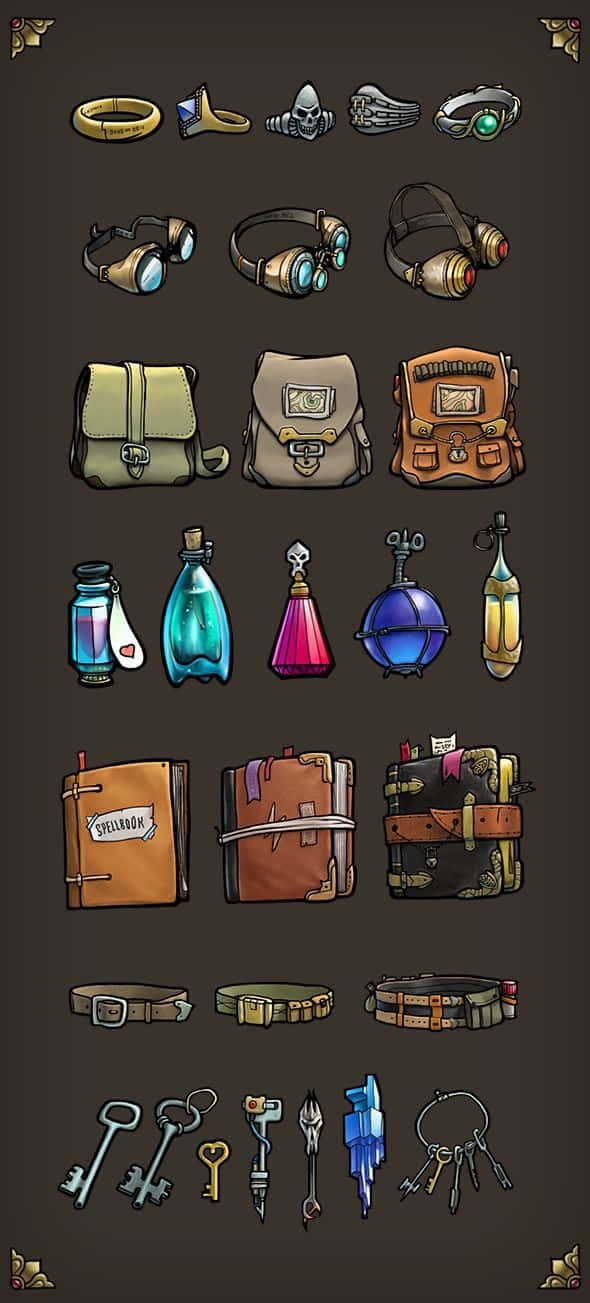 Game Design 桌布 壁紙 — 一系列蒸氣龐克風格的奇幻物品，包括護目鏡、腰帶和藥水瓶，整齊地排列在深色背景上。