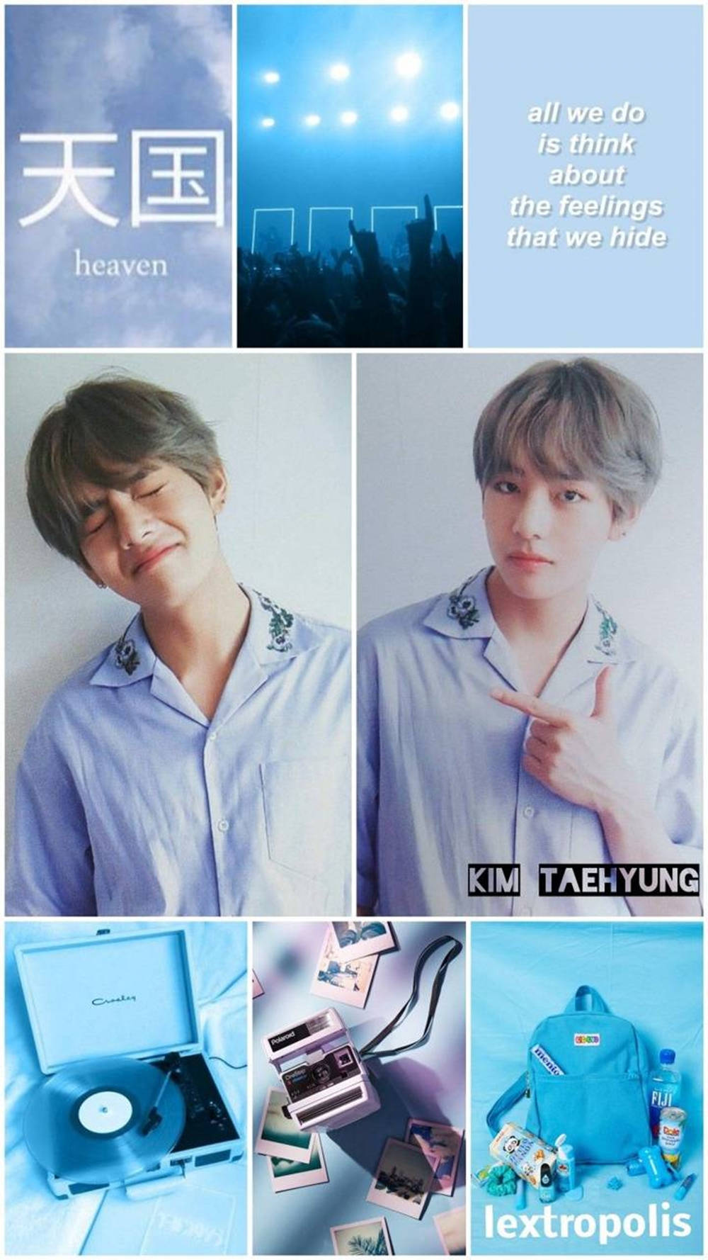kim taehyung 桌布 壁紙 — 一系列藍色調照片拼貼，展示一位穿著睡衣微笑的年輕男子、演唱會燈光、黑膠唱片和個人物品。
