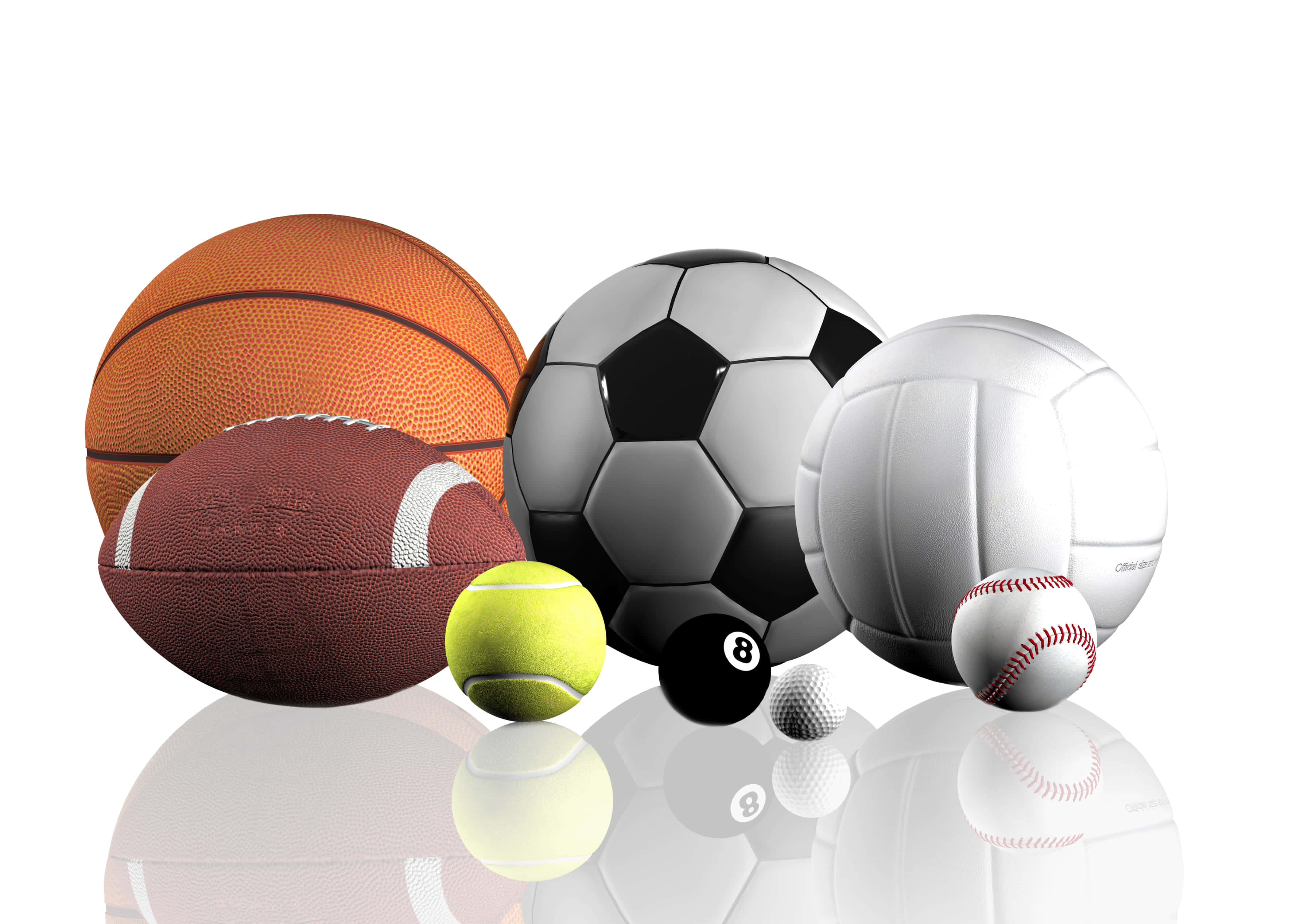 Best Sports 桌布 壁紙 — 一系列運動球類，包括籃球、足球、網球、棒球和排球，排列在反光的白色表面上。