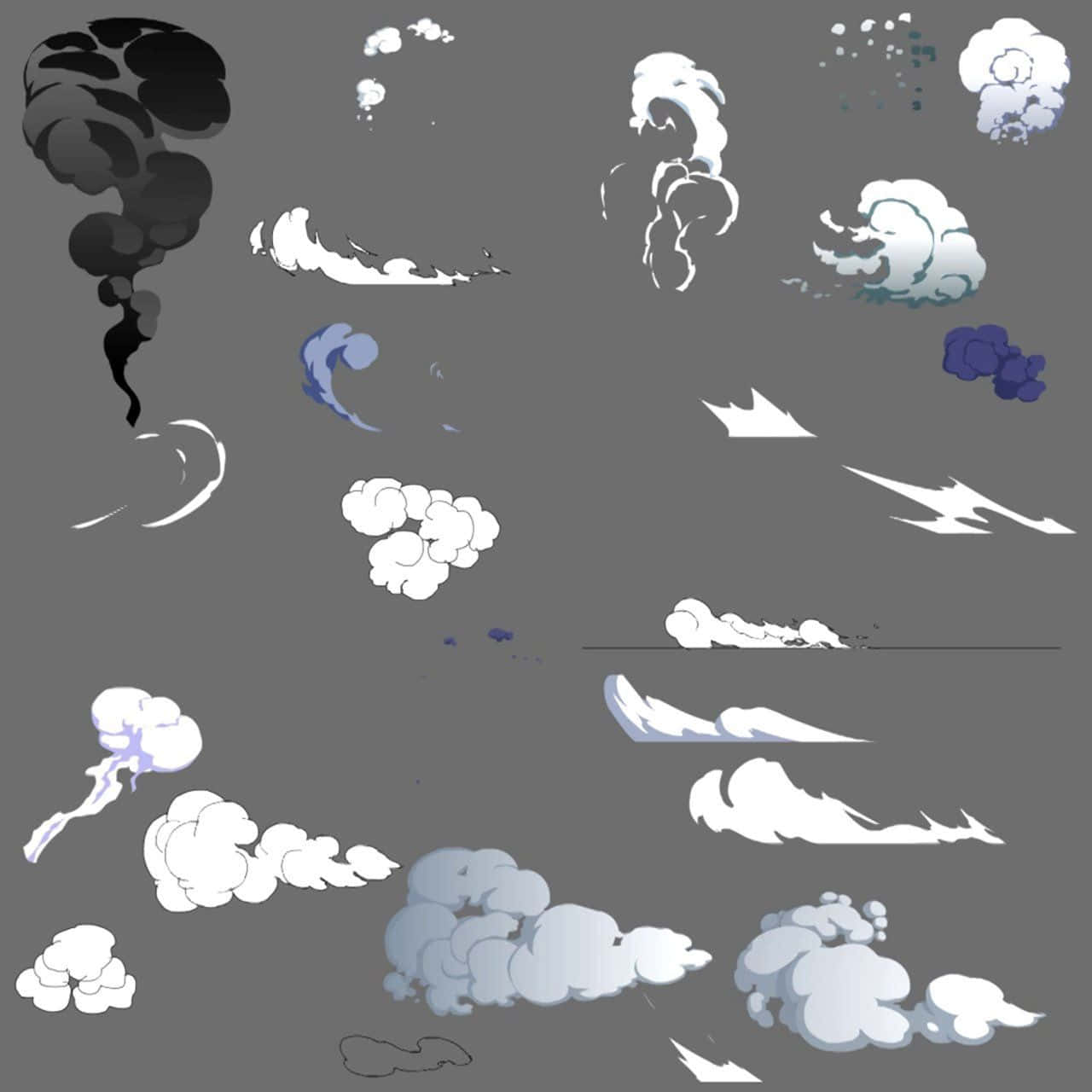 Game Animation 桌布 壁紙 — 一系列風格化的卡通雲朵和煙霧效果，以各種形狀和顏色呈現在灰色背景上。