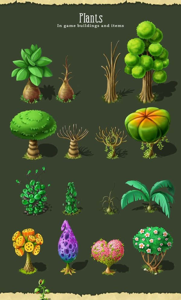 Game Design 桌布 壁紙 — 一系列風格化的遊戲植物，形狀和顏色多樣，包括綠色樹木、紫色蘑菇和粉紅色心形灌木。