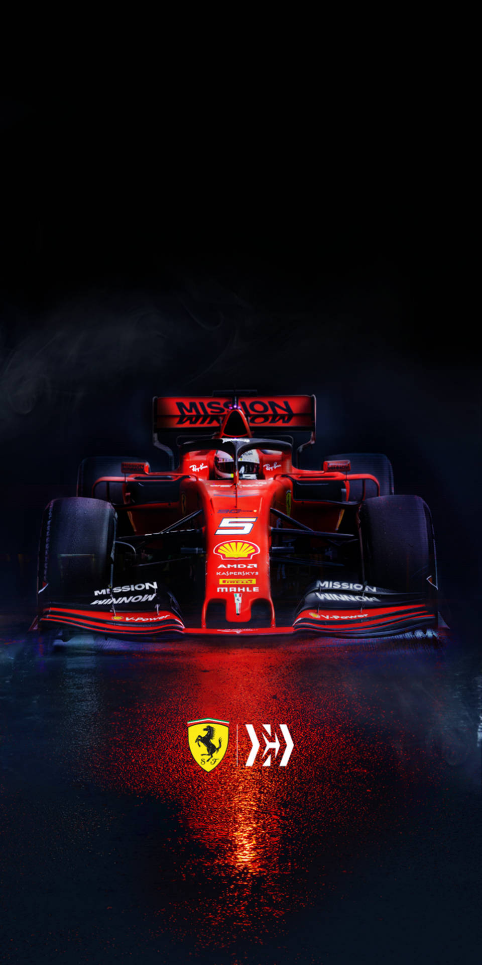 紅色法拉利F1賽車在潮濕賽道上，帶有發光燈光和煙霧