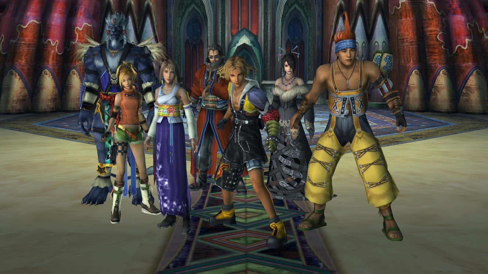 Final Fantasy Characters 桌布 壁紙 — 一組七個奇幻電子遊戲角色站在一個宏偉的大教堂式大廳中，大廳有紅色帷幔拱門和圖案地板瓷磚。