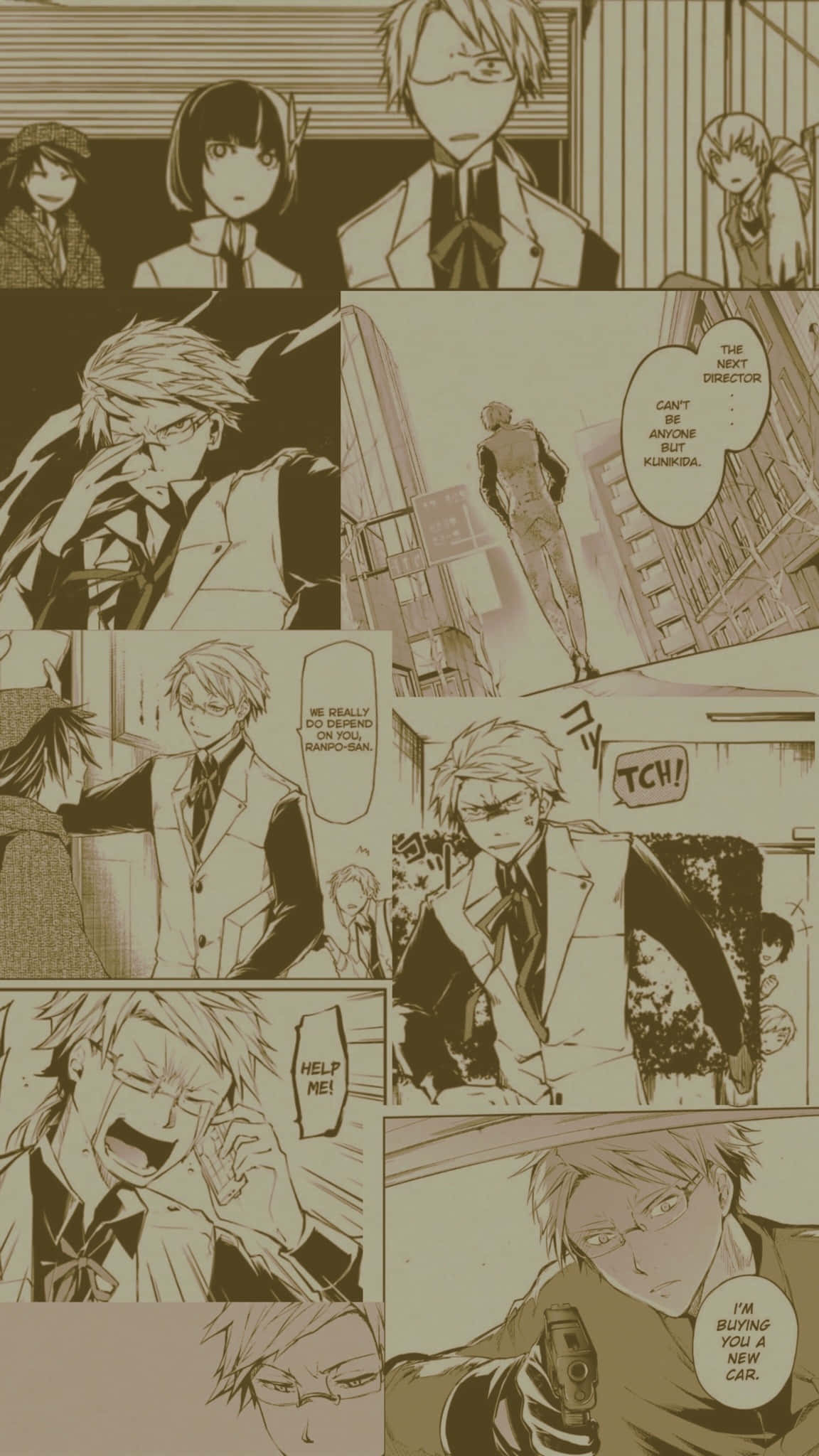 Kunikida 桌布 壁紙 — 一組以懷舊褐色調呈現的漫畫分鏡，展現緊張的角色互動及城市背景下的戲劇性追逐場面。