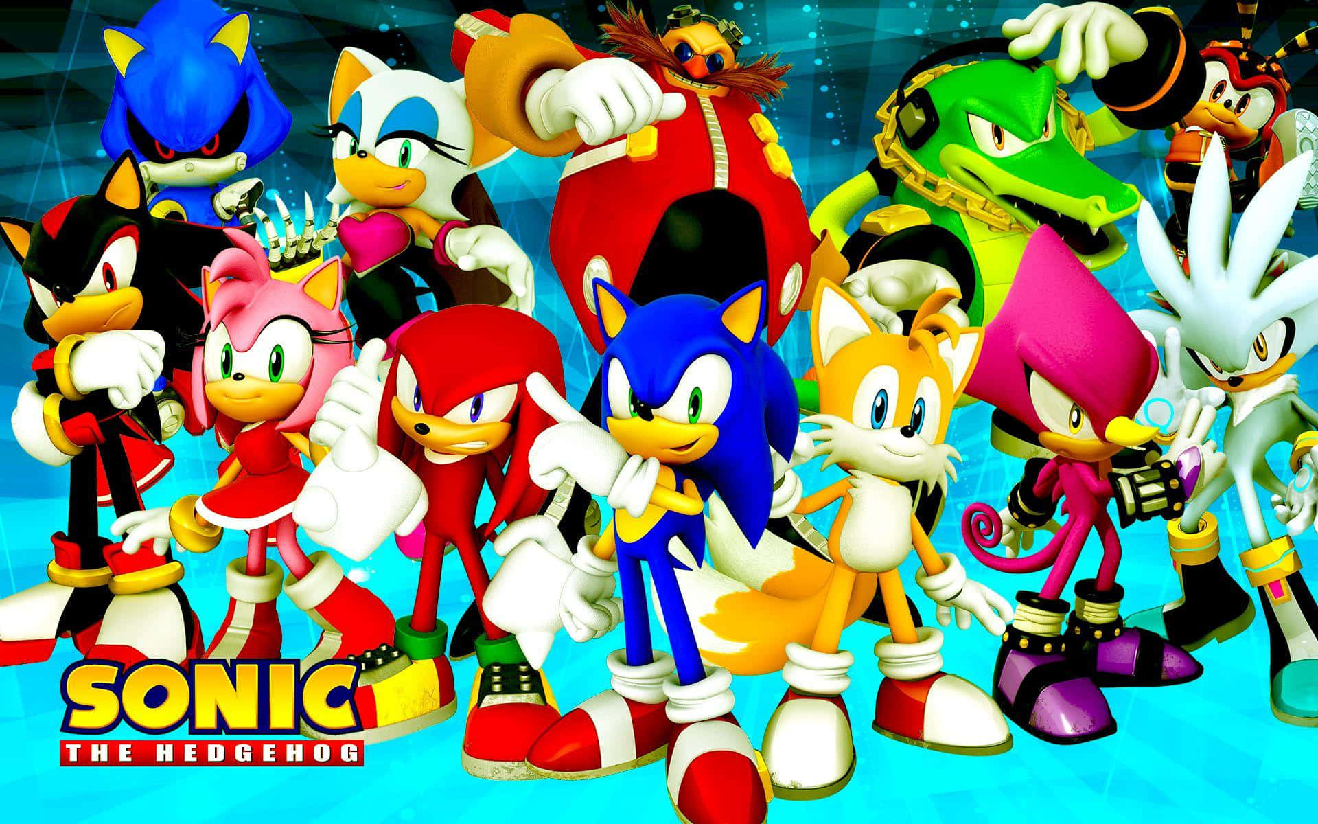 Sonic The Hedgehog Characters 桌布 壁紙 — 一組充滿活力的音速小子角色在發光的藍色數位背景前動態擺姿勢。
