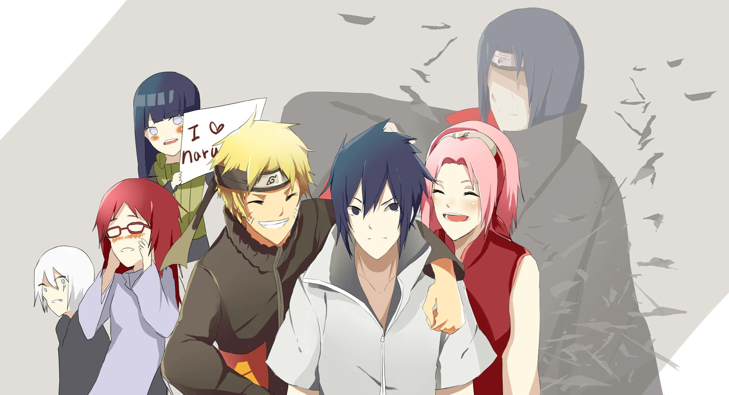 Karin Uzumaki 桌布 壁紙 — 一組動漫角色一起擺姿勢，其中一人舉著寫有「I heart Naruto」的牌子，背景為灰色，有落葉飄落。