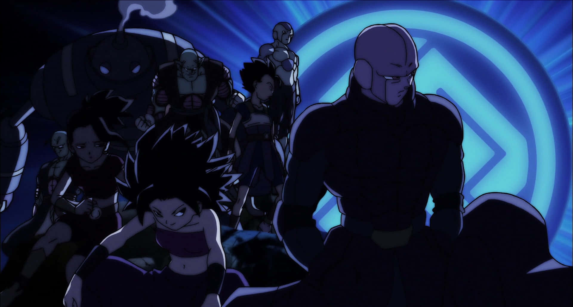 Dragon Ball Super Universe 6 桌布 壁紙 — 一組動漫角色以陰影剪影站在發光的藍色圓形能量場前。