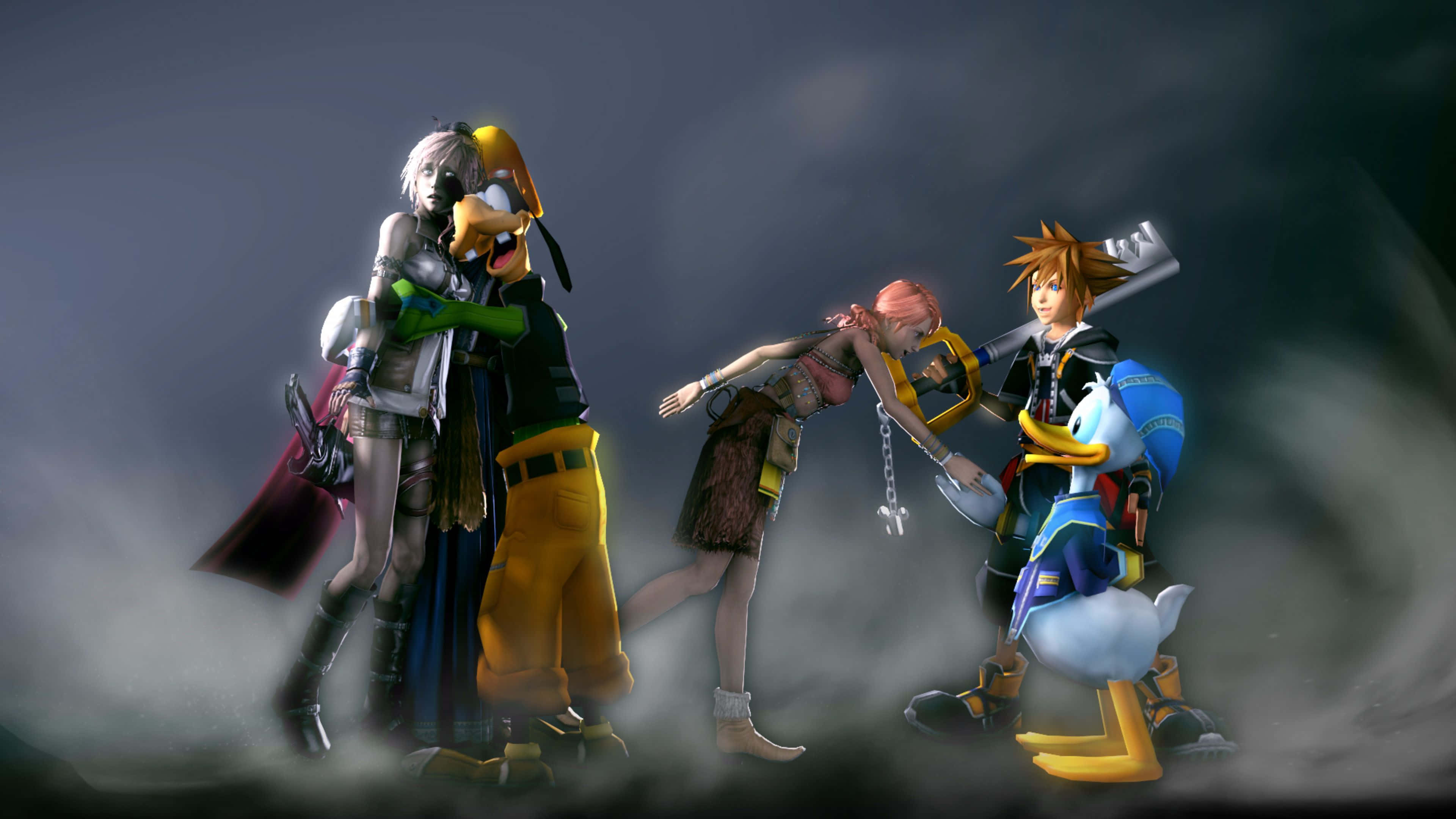 Kingdom Hearts 桌布 壁紙 — 一組動畫角色在昏暗燈光下，於旋轉迷霧中擺出戲劇性姿勢。
