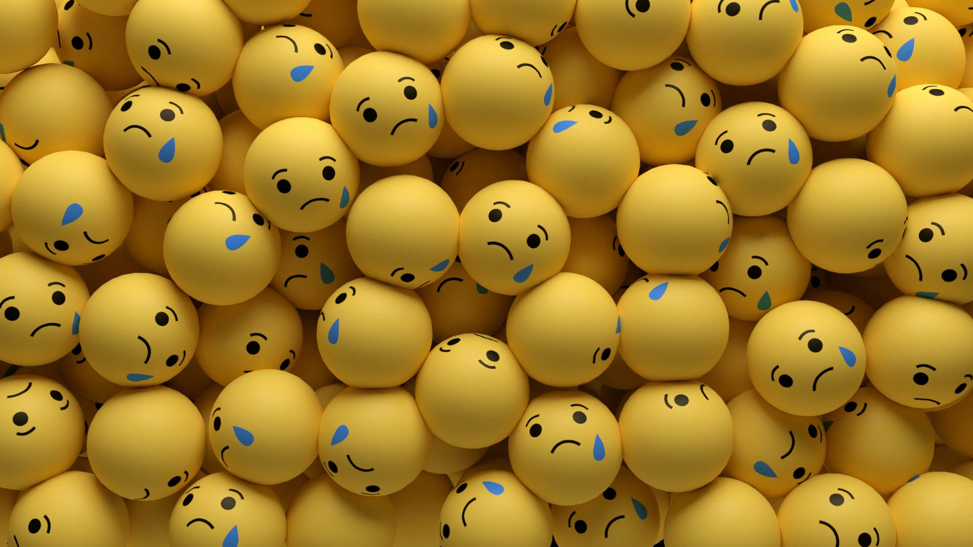 Sad Emoji 桌布 壁紙 — 一組密集的黃色表情符號球，帶有悲傷的表情和藍色眼淚，營造出一種憂鬱且重複的視覺質感。