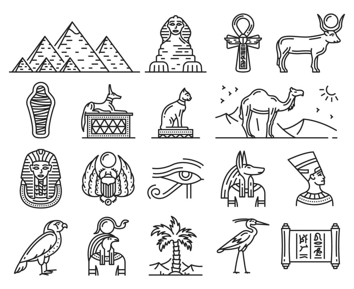 Ancient Egypt 桌布 壁紙 — 一組極簡線條藝術圖標，描繪了標誌性的埃及符號，如金字塔、獅身人面像和象形文字。