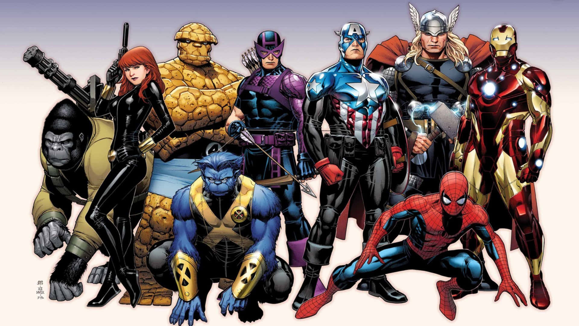 New Avengers 桌布 壁紙 — 一組標誌性的Marvel超級英雄以英雄姿態排列在柔和的漸變背景前，充滿動感。