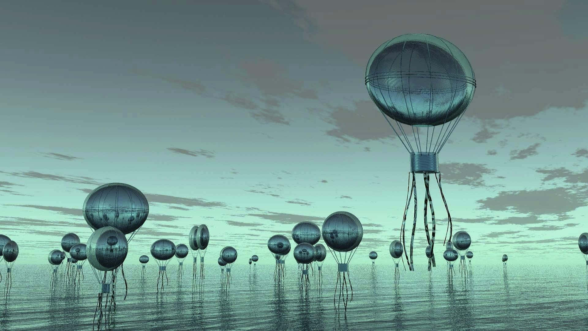 一組氣球在水上漂浮 壁紙