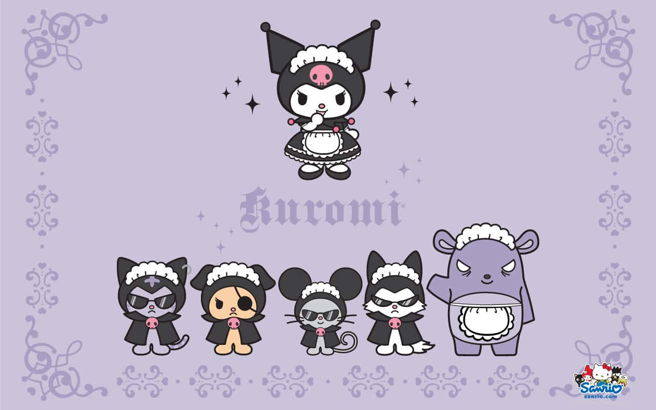 Kuromi Aesthetic 桌布 壁紙 — 一組穿著女僕裝的可愛卡通角色，在薰衣草背景上帶著憤怒的表情，並有裝飾邊框。