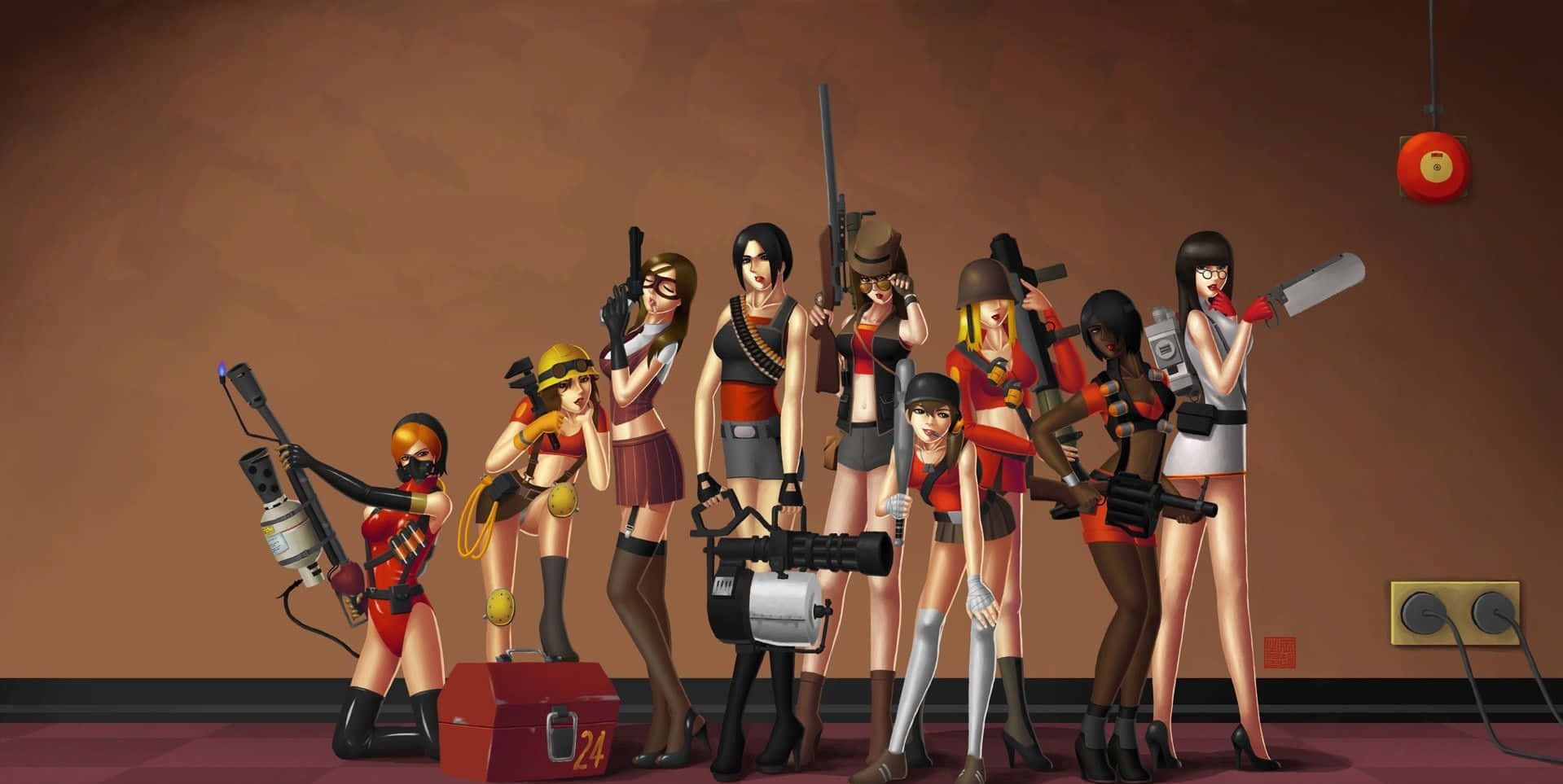 Team Fortress 2 Characters 桌布 壁紙 — 一組風格化的女性角色穿著紅色和黑色服裝，在昏暗的房間裡手持各種武器擺姿勢。
