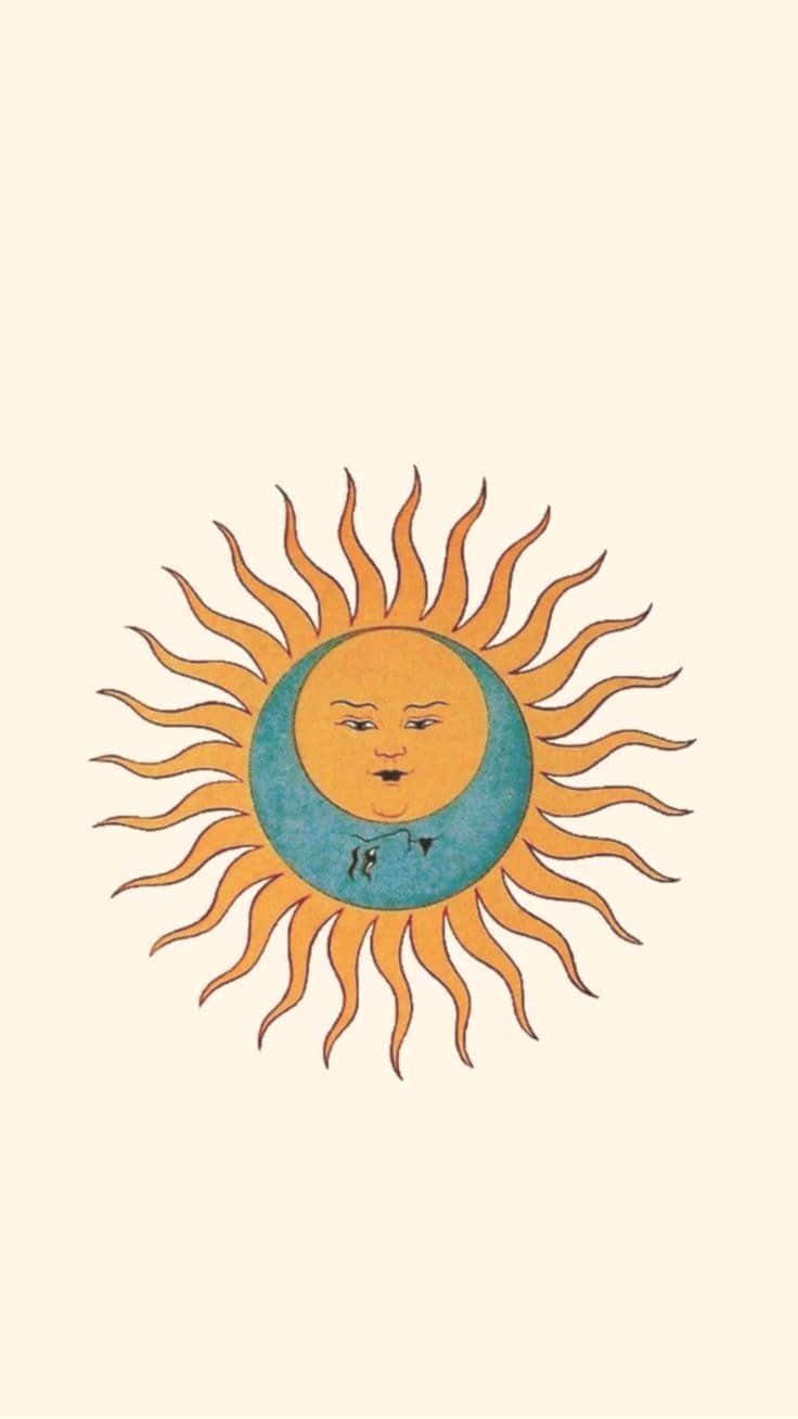 在極簡插圖中，一個帶有臉孔的太陽從新月升起。