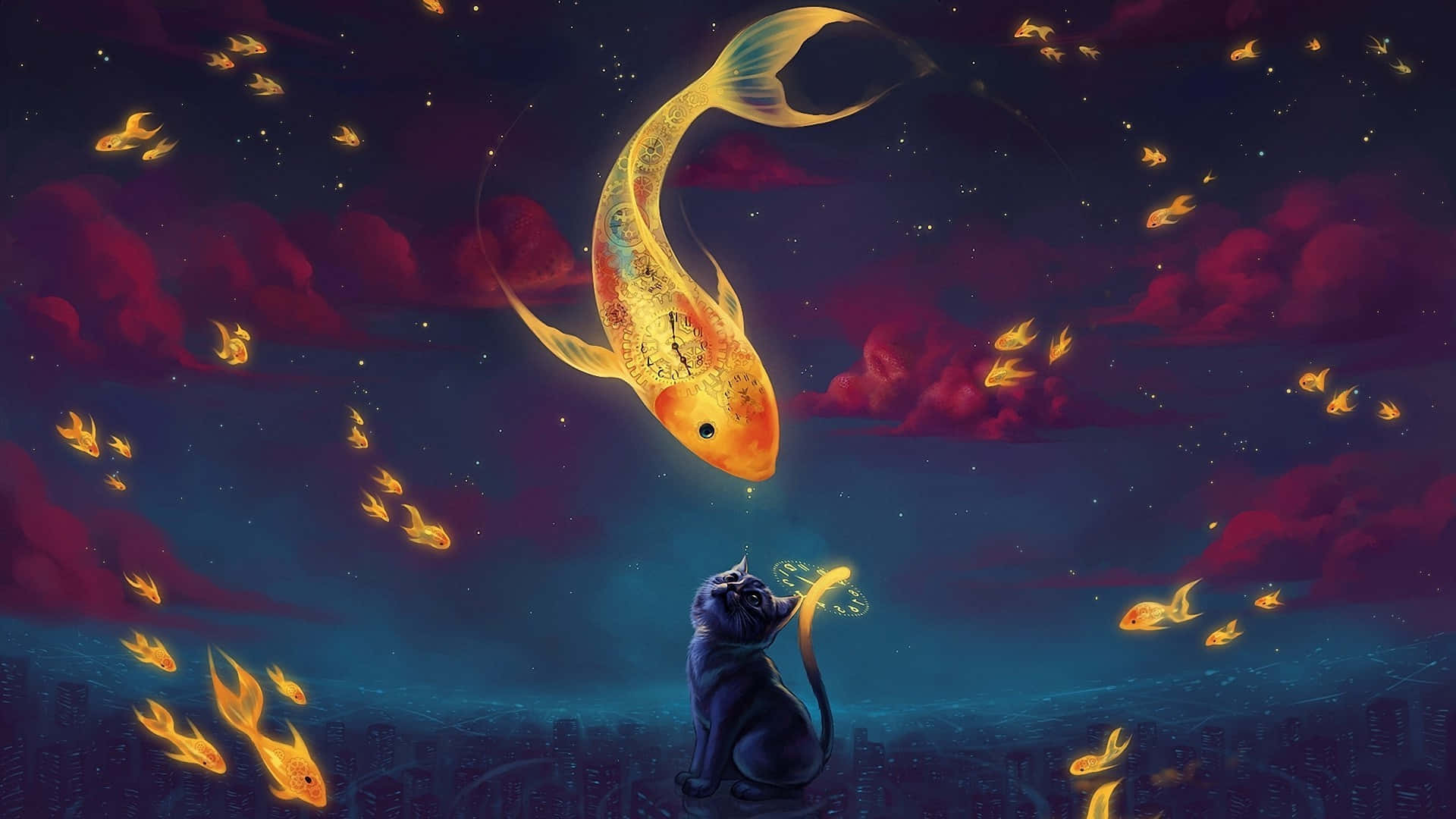 一羣閃耀金魚的特寫鏡頭 壁紙 — 一隻黑貓抬頭望著一條發光的金色錦鯉在佈滿較小火魚的星空暮色中游動。