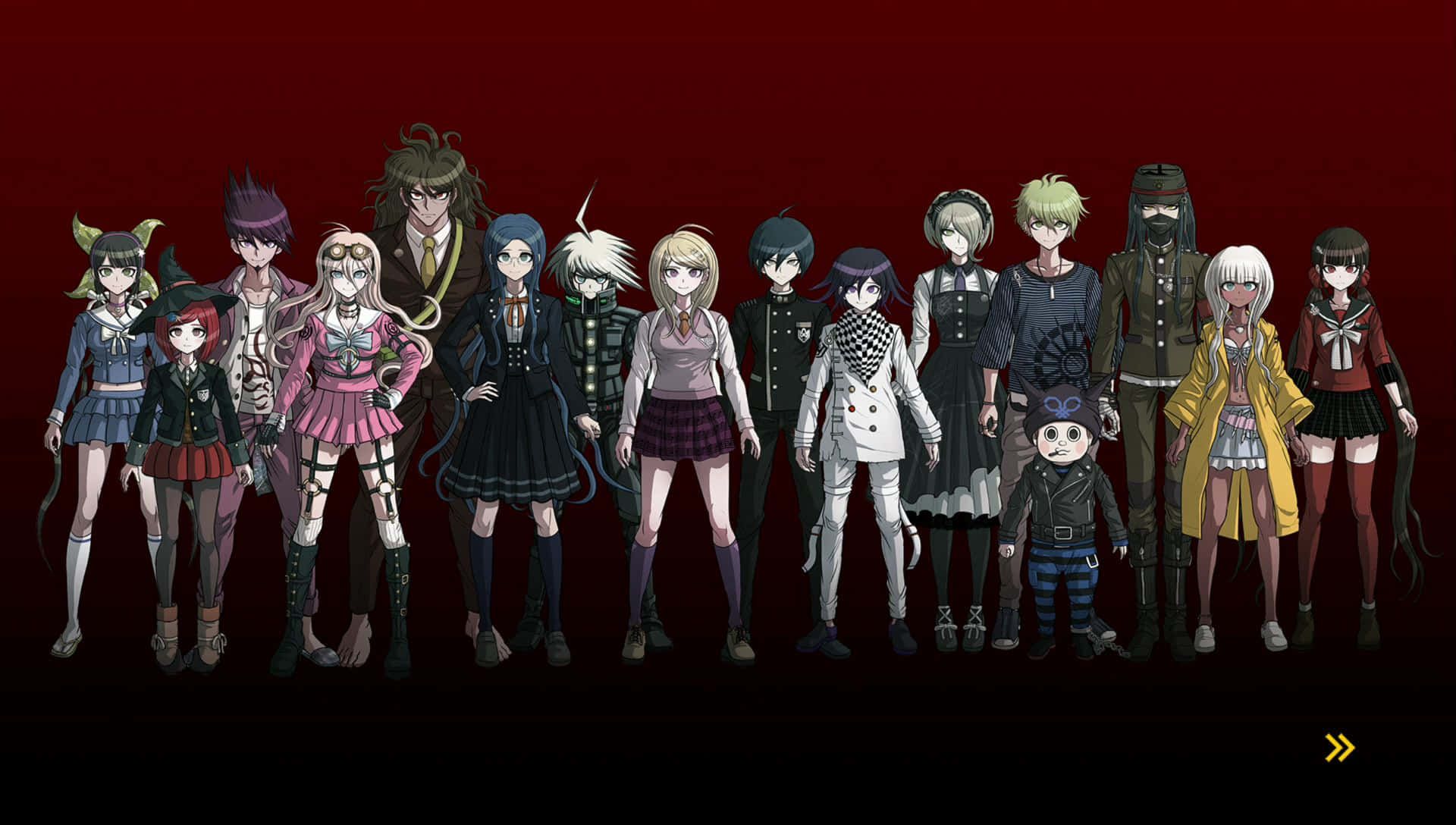 一群《Danganronpa》學生並肩而立 壁紙 — 一系列動漫角色穿著各種學校和戰術服裝，背景為深紅色漸變。