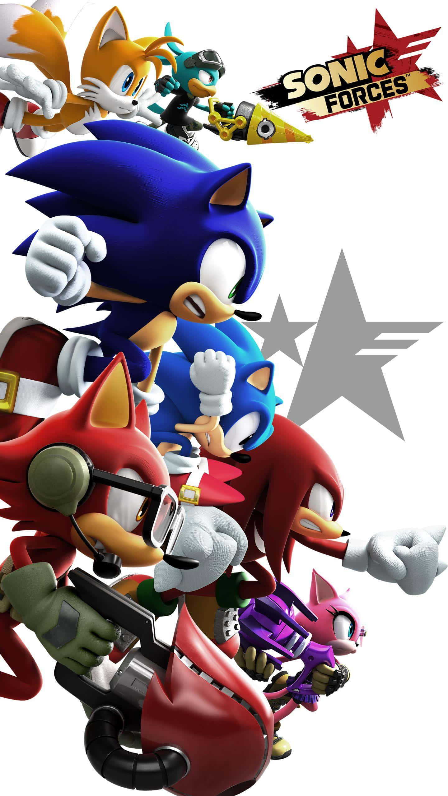 Sonic Forces Speed Battle 桌布 壁紙 — 一群《Sonic Forces》角色在白色背景前擺出動態動作姿勢，帶有灰色星星標誌。