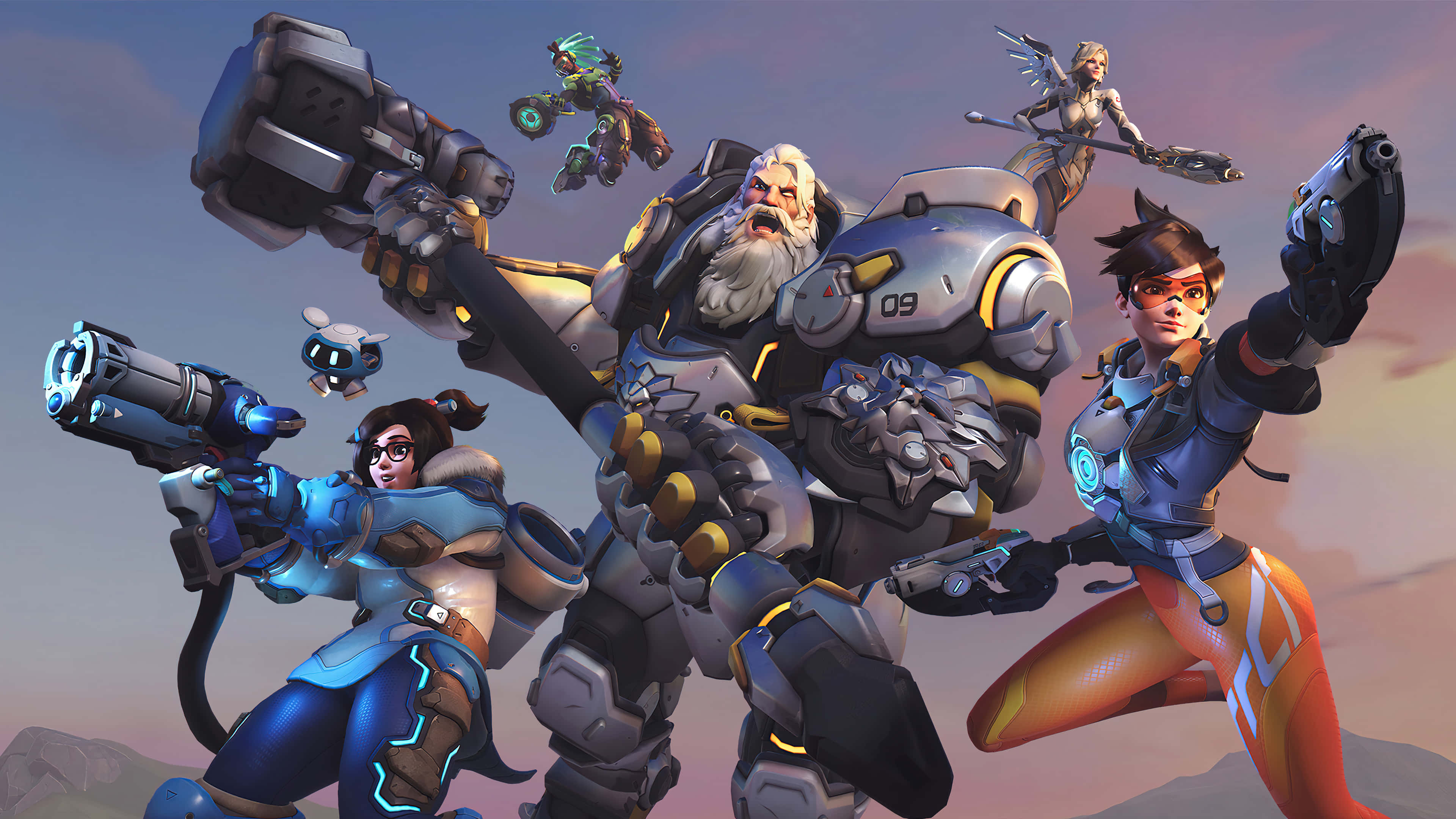Overwatch Heroes 桌布 壁紙 — 一群《鬥陣特攻》英雄身穿戰鬥裝備，在暮色天空下英勇擺姿勢的動態畫面。