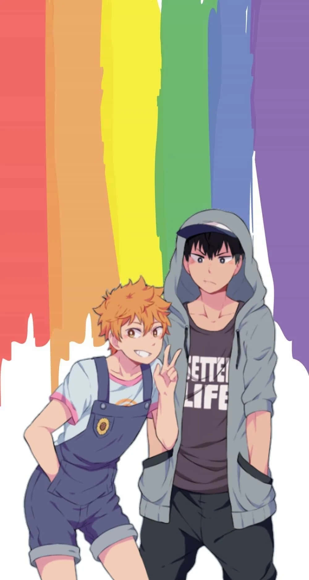 一群LGBT+動漫角色開心慶祝 壁紙 — 兩個動漫男孩在充滿活力的彩虹背景下愉快地擺姿勢，其中一個做出和平手勢。